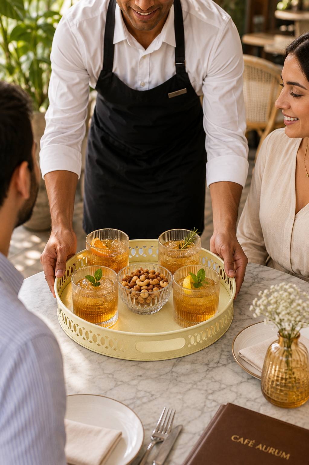 Premium Dancing Glass Serving Set with Round Metal Tray | 4 Self-Balancing Rocking Glasses & 1 Crystal Snack Bowl | Decorative Beverage Serving Set for Tea, Juice, Whisky, Cocktails & Home Décor