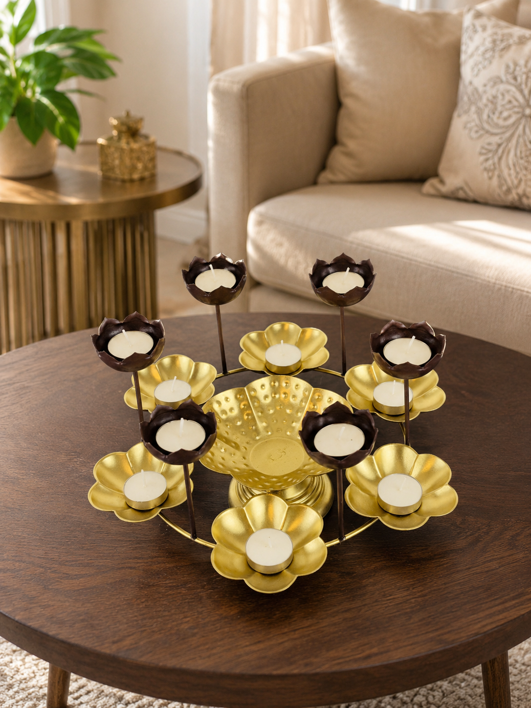 Premium Lotus Urli Bowl with Elevated Tea Light Holders | Decorative Hammered Metal Floating Flower Bowl | Gold Finish Candle Centerpiece for Diwali, Pooja, Weddings, Festivals & Home Décor
