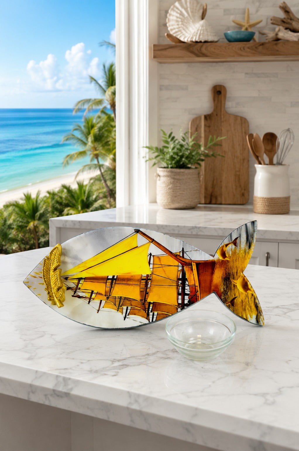 Premium Fish Shape MDF Serving Platter with Glass Dip Bowl & Gold Leaf Handle | Decorative Multipurpose Snack Serving Tray | Designer Fish Serving Board for Appetizers, Seafood & Gifting