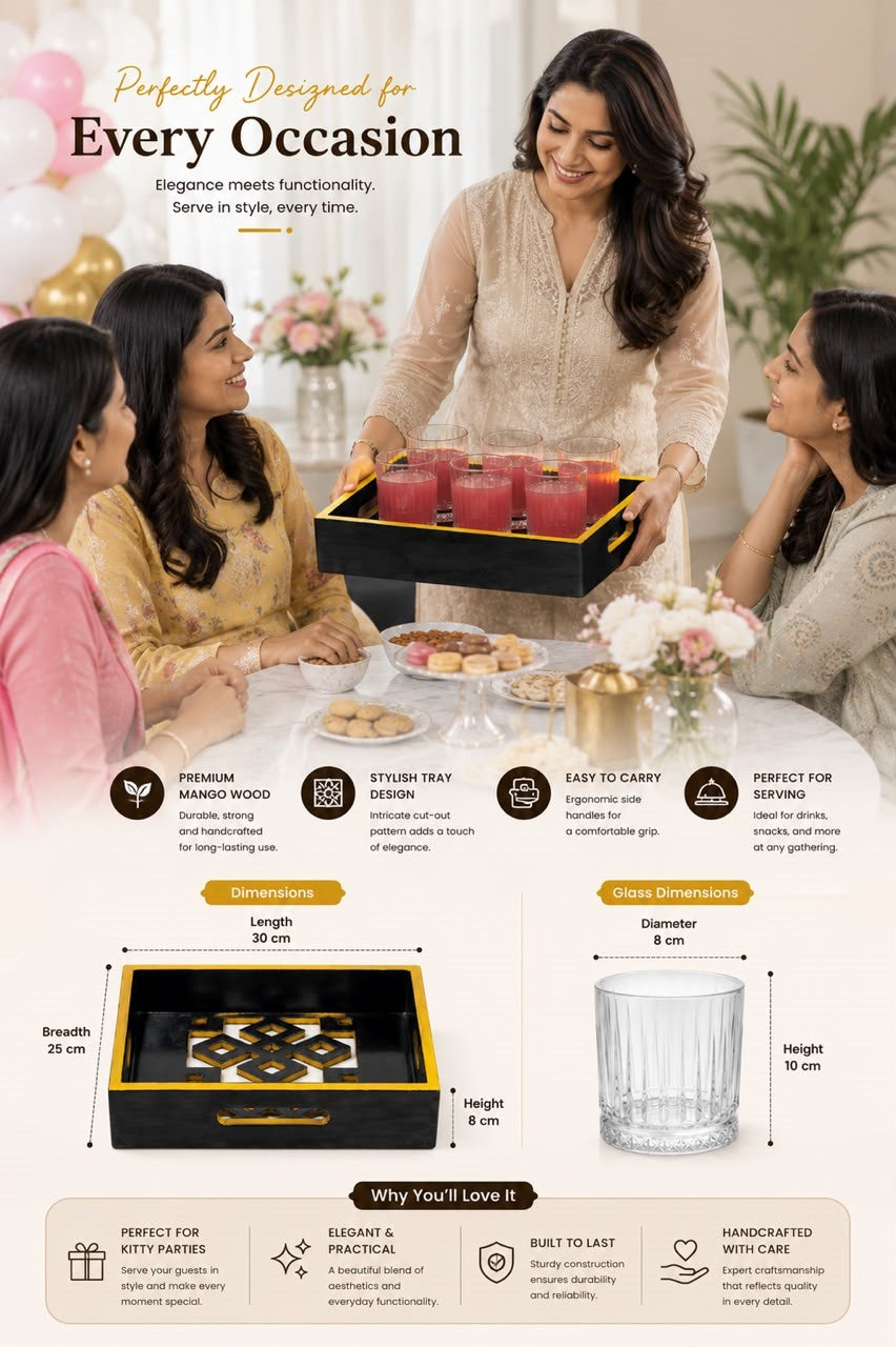 Premium Wooden Serving Tray with 6 Glasses Set | Black & Gold Serving Tray with Premium Glass Tumblers | Tea, Juice, Whisky, Water, Cocktail & Mocktail Serving Set | Home, Office, Party & Gift