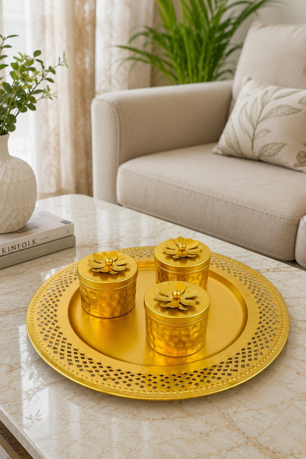 Premium Metal Dry Fruit Serving Tray Set with 3 Containers | Decorative Round Platter with Floral Lid Jars | Multipurpose Snack, Sweet, Mukhwas & Festive Serving Set for Home & Gifting