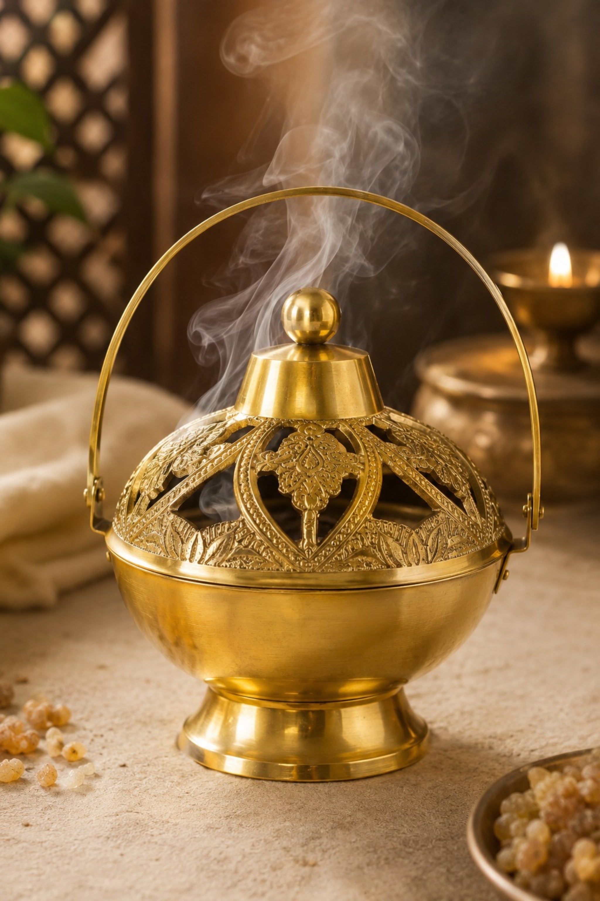 Premium Brass Metal Incense Burner with Handle | Handcrafted Dhoop Dani for Sambrani, Loban, Dhoop Cups & Resin Incense | Decorative Smoke Diffuser for Home, Temple & Pooja Room