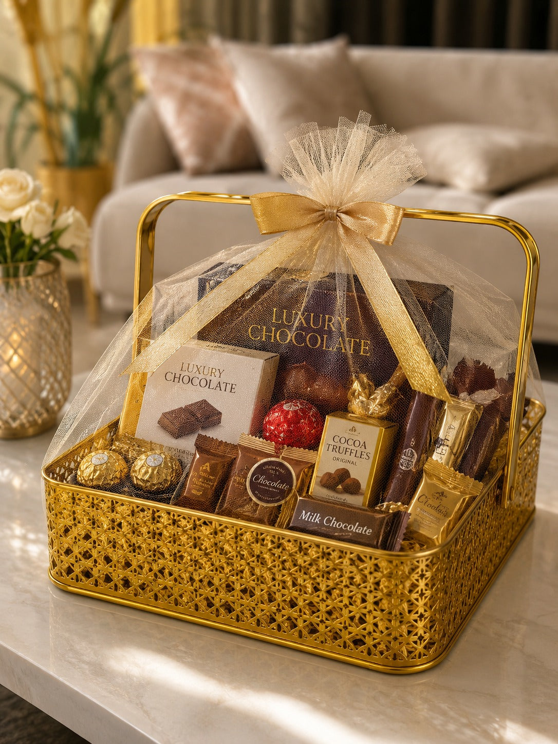 Premium Golden Metal Gift Basket with Handle | Large Decorative Storage Basket | Multipurpose Fruit Basket, Dry Fruit Hamper, Pooja Basket & Home Organizer