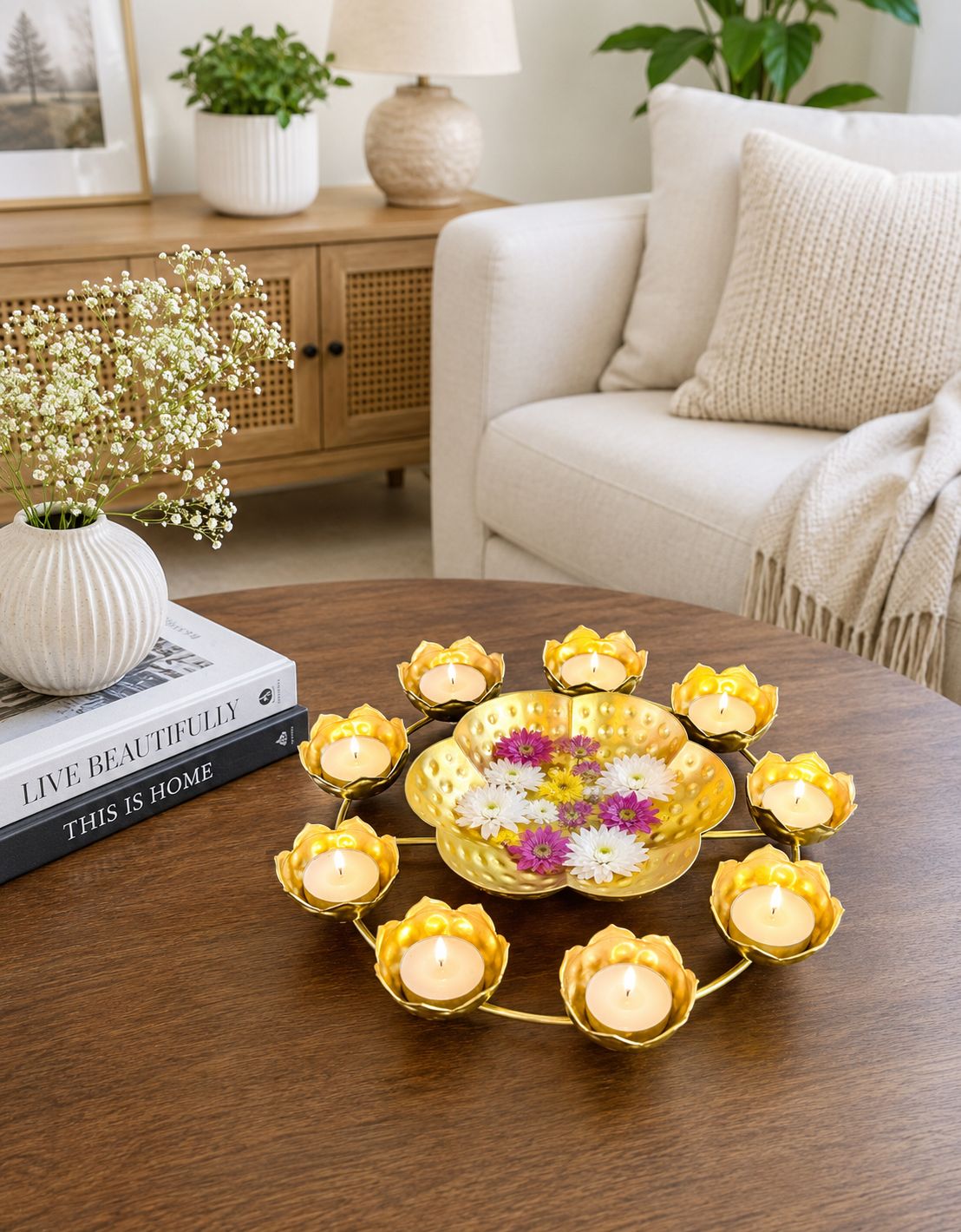 Premium Lotus Urli Bowl with 8 Tea Light Holders | Hammered Metal Decorative Floating Flower Bowl | Gold Finish Centerpiece for Diwali, Pooja, Weddings, Festivals, Home Décor & Gifting