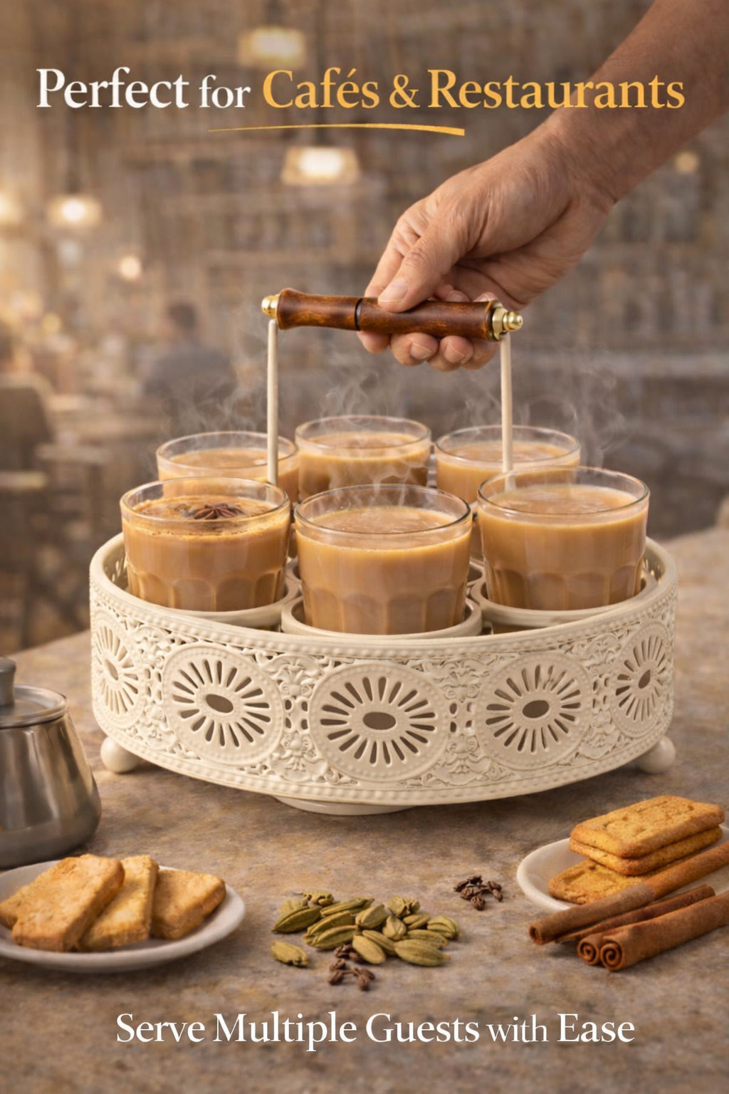 Premium Cutting Chai Glass Set of 6 with Metal Stand | Traditional Indian Tea Glasses with Heavy Brown Holder | Tapri Style Chai Cups for Home, Café, Restaurant & Kitchen Use