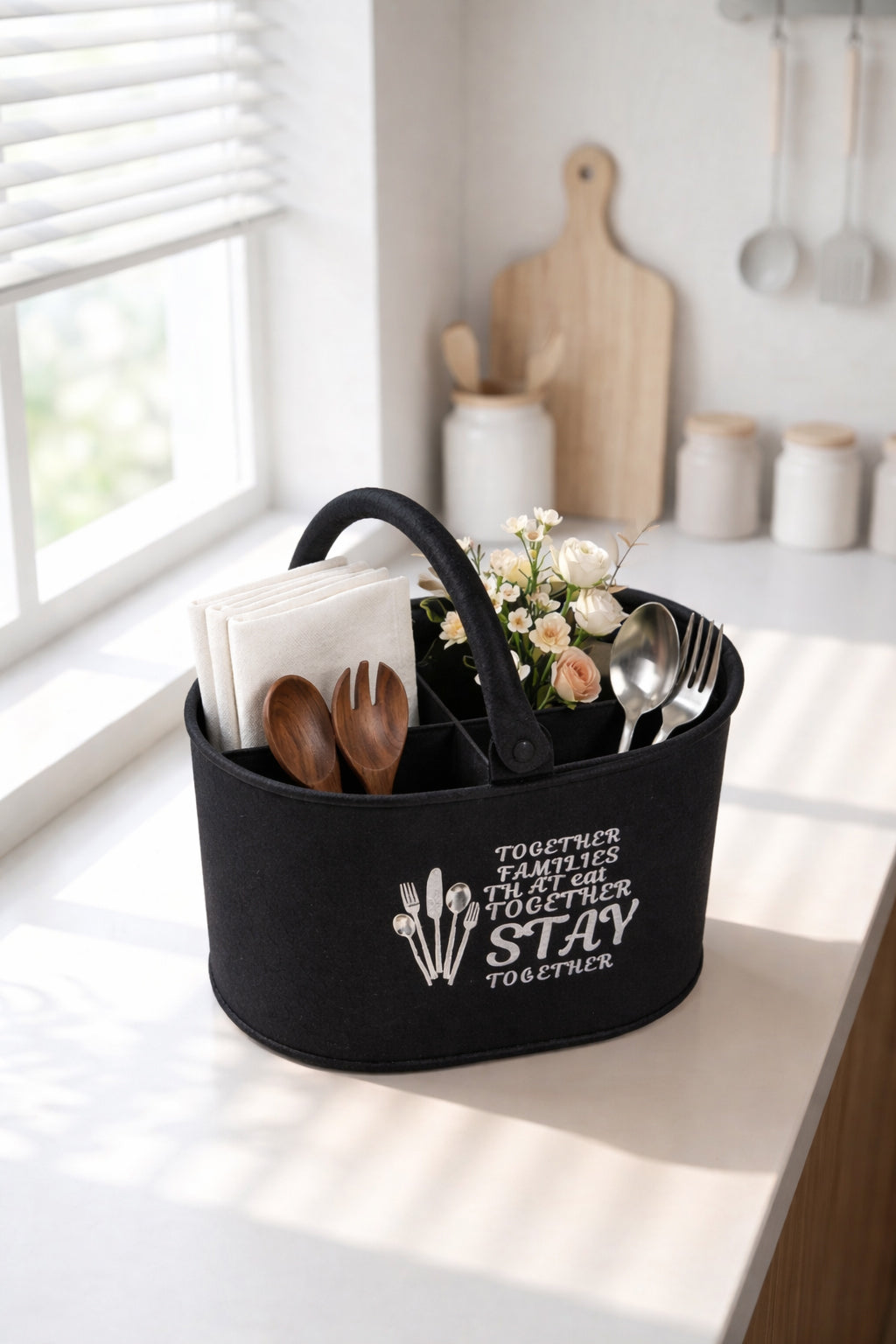 Premium Metal Cutlery Holder with Handle | 4 Compartment Utensil Caddy Basket Organizer | Portable Spoon, Fork, Knife & Napkin Stand for Kitchen, Dining Table & Home Storage