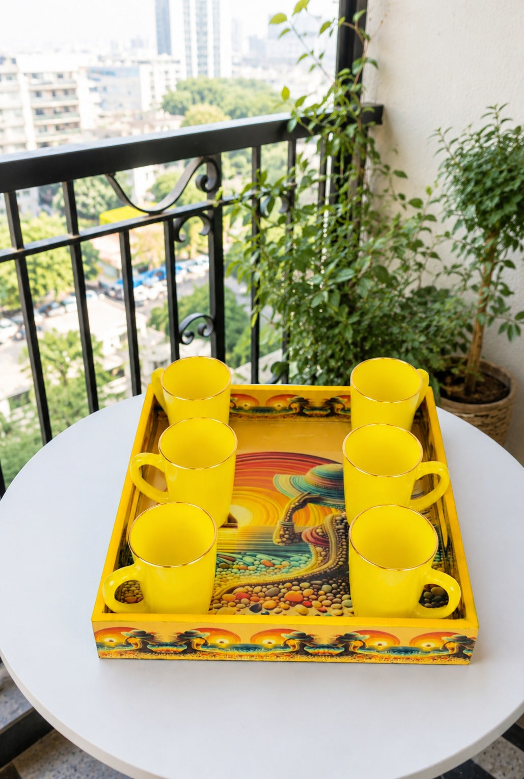 Premium 6 Yellow Glass Mug Set with Designer Serving Tray | Tea & Coffee Mug Set | Decorative Drinkware Set for Home, Office & Gifting