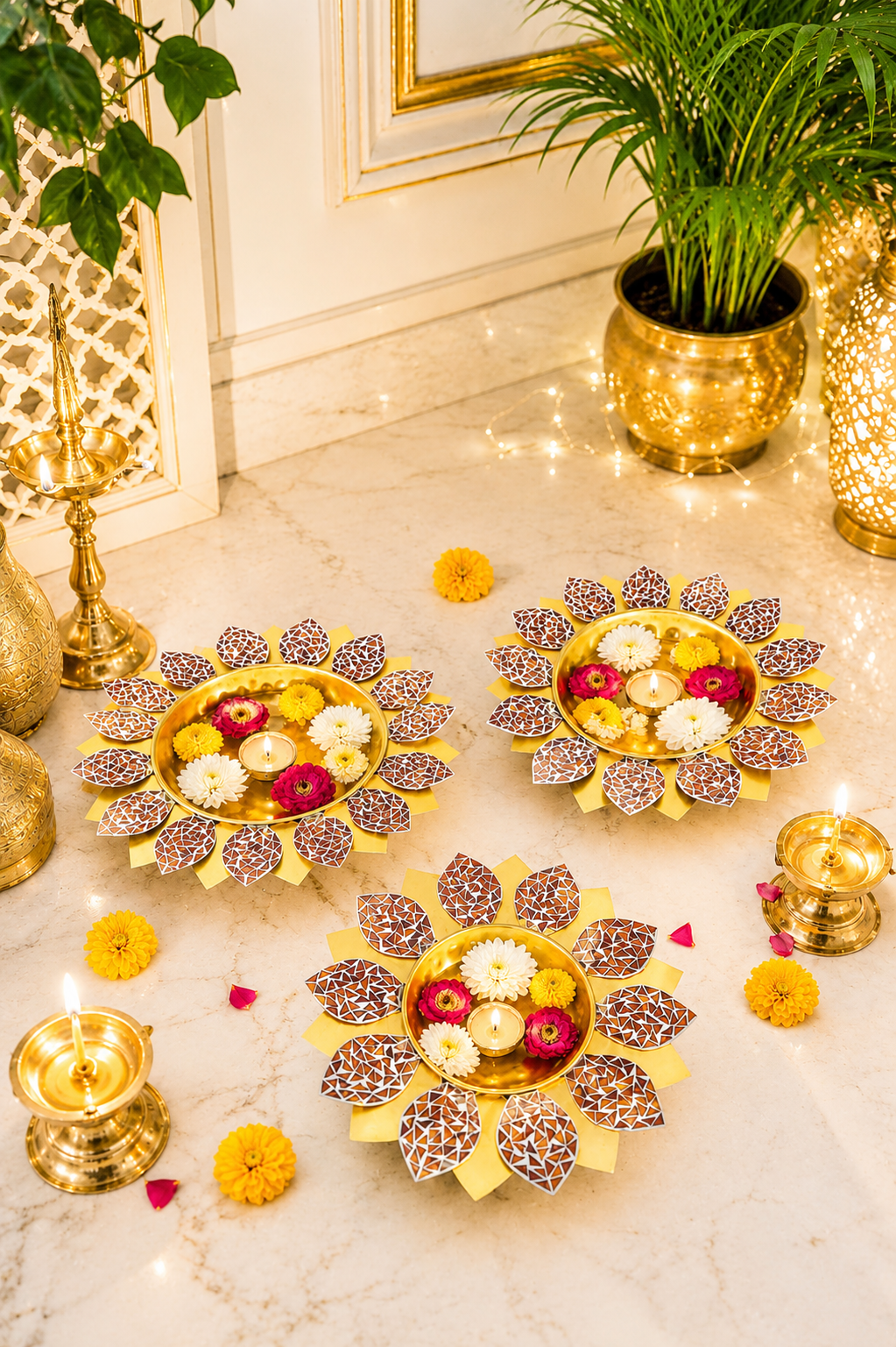 Premium Lotus Urli Bowl Set of 3 with Antique Glass Leaf Design | Decorative Metal Floating Flower Bowls for Water, Candles & Tea Lights | Traditional Urli for Diwali, Pooja, Wedding & Home Décor