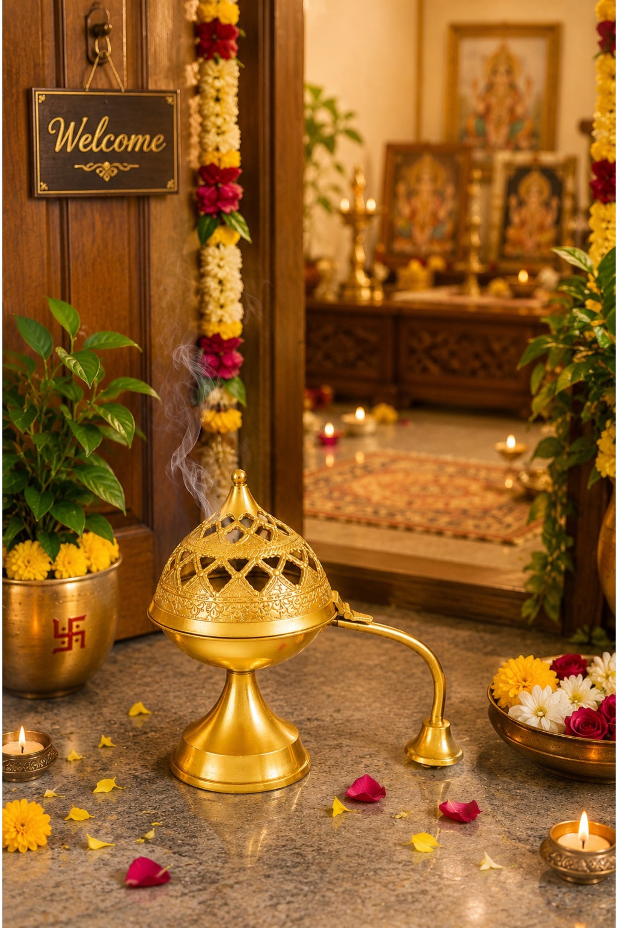 Premium Brass Loban Burner with Handle | Handcrafted Brass Dhoop Dani for Loban, Sambrani Cups, Bakhoor, Resin Incense & Dhoop | Hinged Lid Pooja Incense Burner for Home Temple, Meditation & Gifting