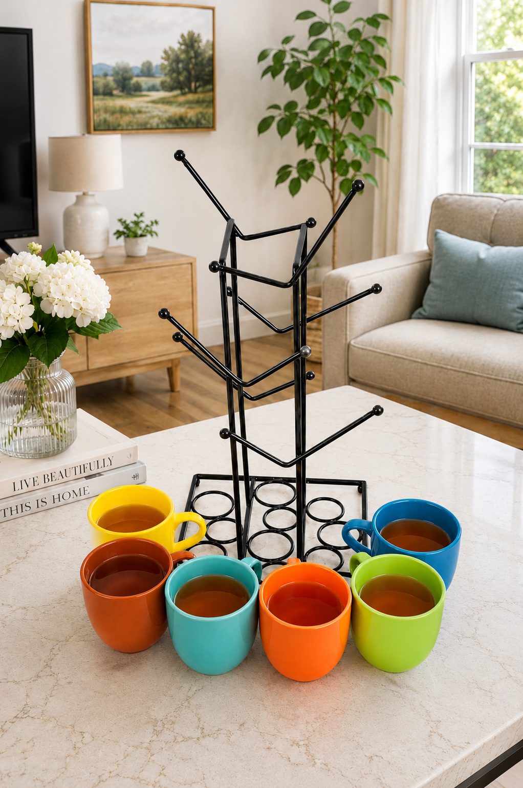 6 Colorful Ceramic Coffee Mug Set with Metal Mug Tree Stand | Space Saving Cup Holder Rack | Tea & Coffee Cups with Durable Metal Stand | Modern Kitchen Counter Organizer | Gift Set for Home & Office