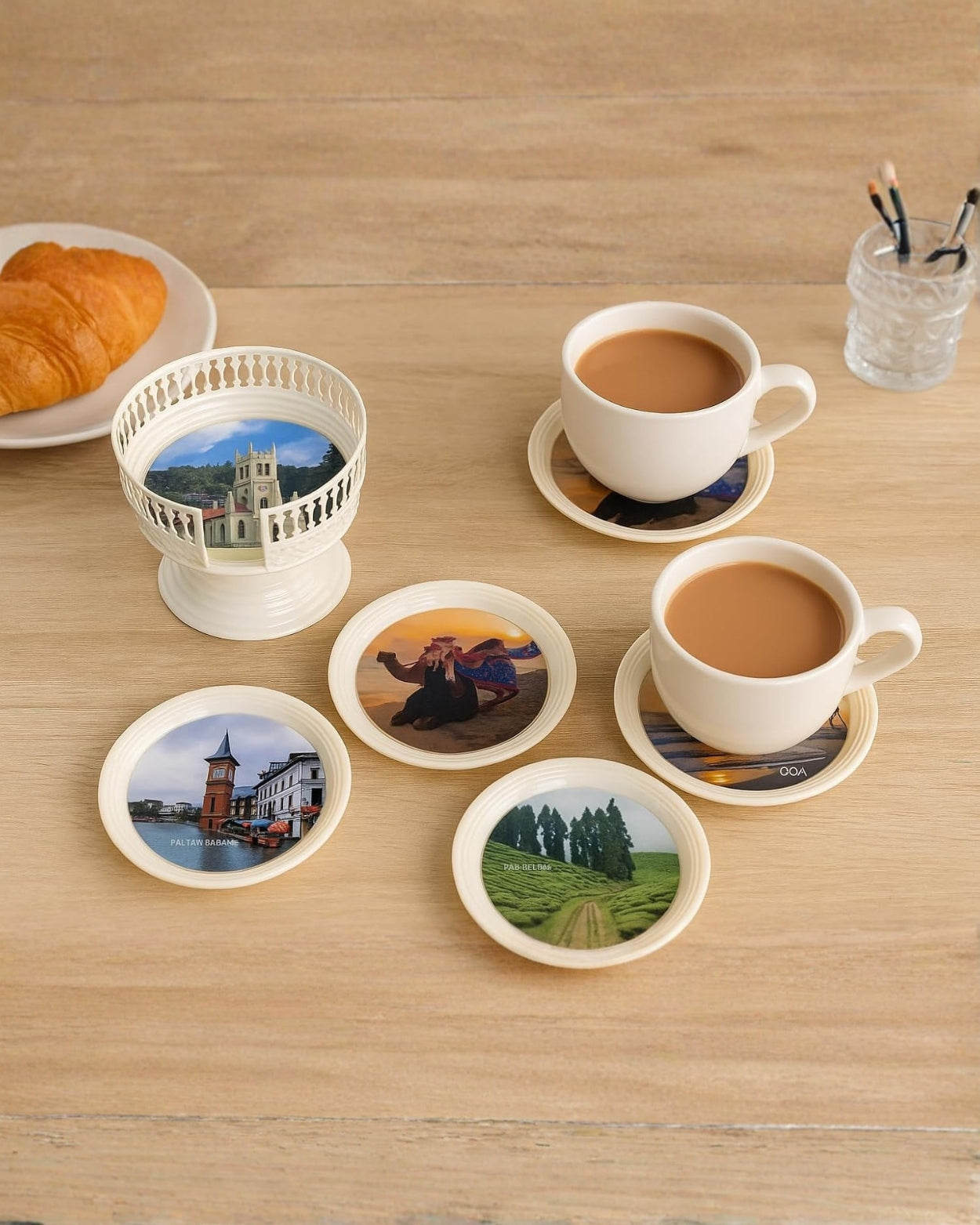 Resin Coated Metal Coaster Set of 6 | Travel Theme Tea Coffee Coasters | Waterproof Heat Resistant Table Coasters