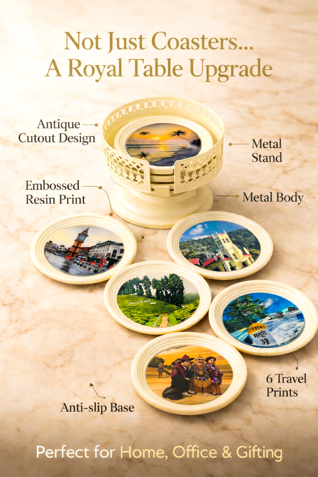 Resin Coated Metal Coaster Set of 6 | Travel Theme Tea Coffee Coasters | Waterproof Heat Resistant Table Coasters