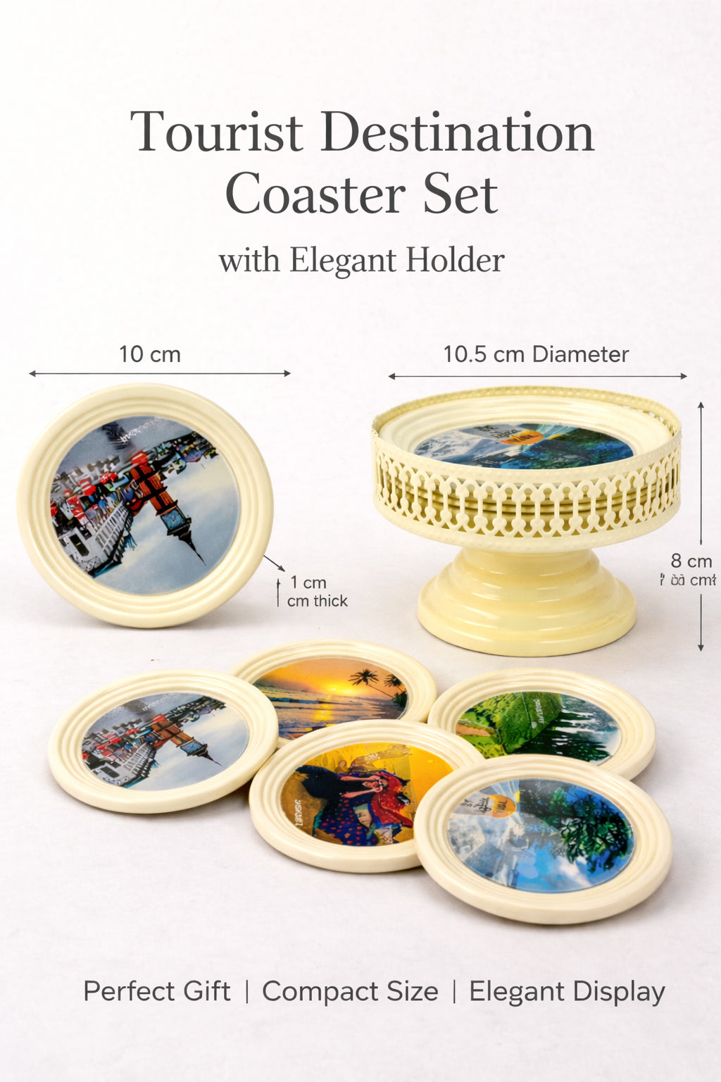 Resin Coated Metal Coaster Set of 6 | Travel Theme Tea Coffee Coasters | Waterproof Heat Resistant Table Coasters