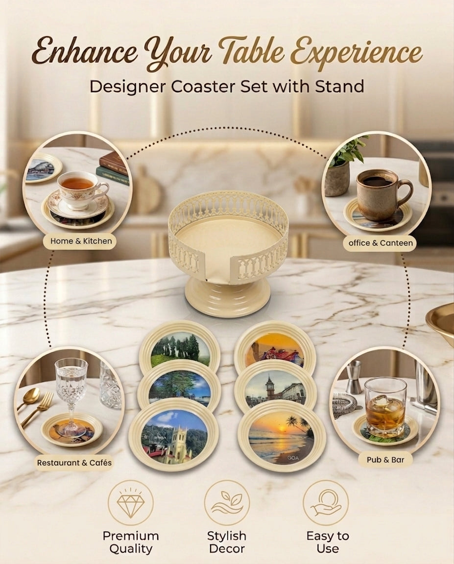 Resin Coated Metal Coaster Set of 6 | Travel Theme Tea Coffee Coasters | Waterproof Heat Resistant Table Coasters
