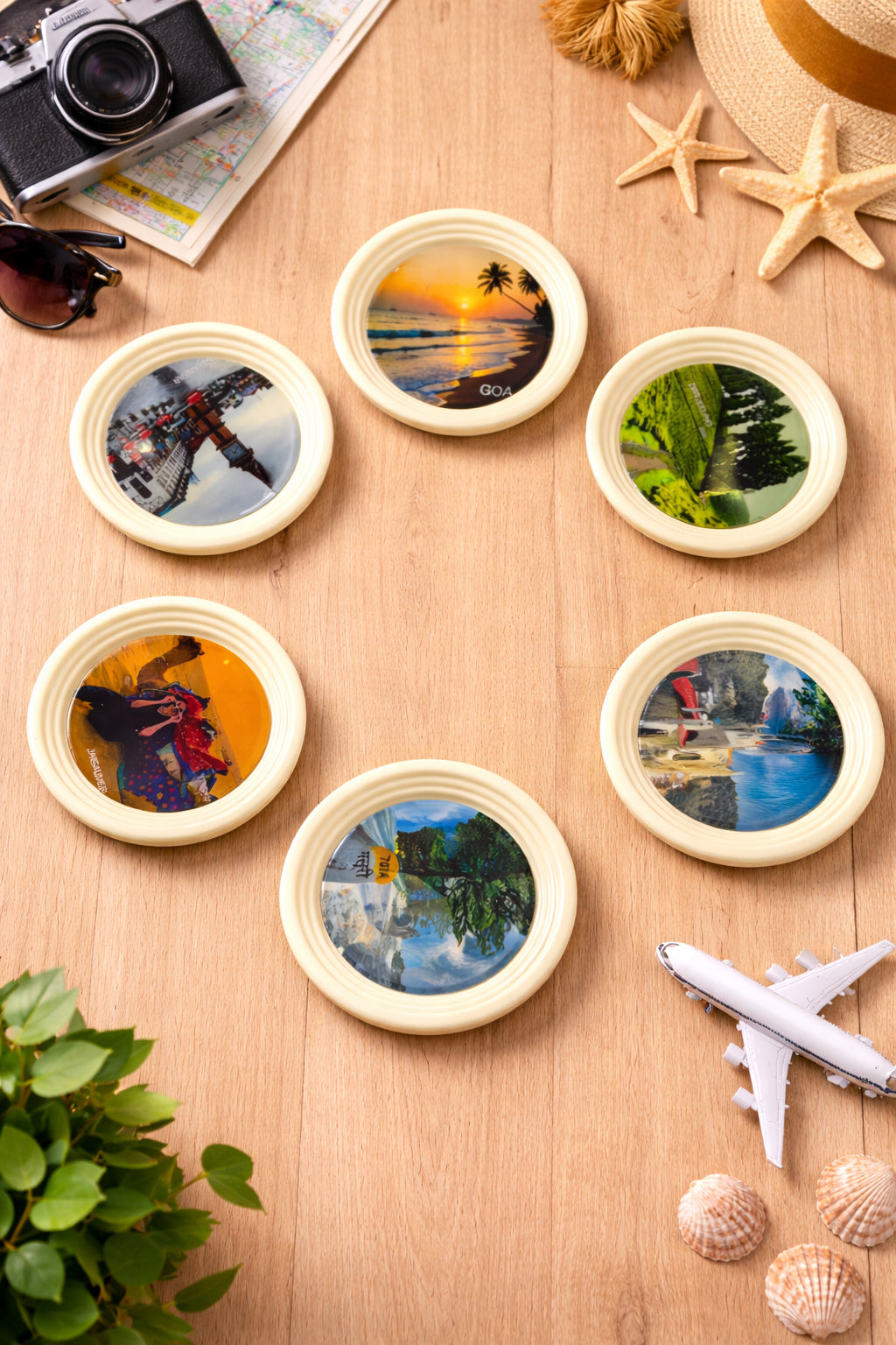 Resin Coated Metal Coaster Set of 6 | Travel Theme Tea Coffee Coasters | Waterproof Heat Resistant Table Coasters