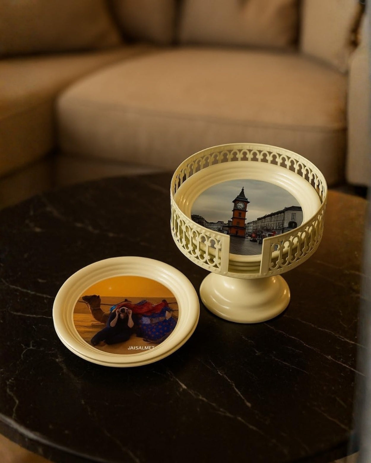 Resin Coated Metal Coaster Set of 6 | Travel Theme Tea Coffee Coasters | Waterproof Heat Resistant Table Coasters
