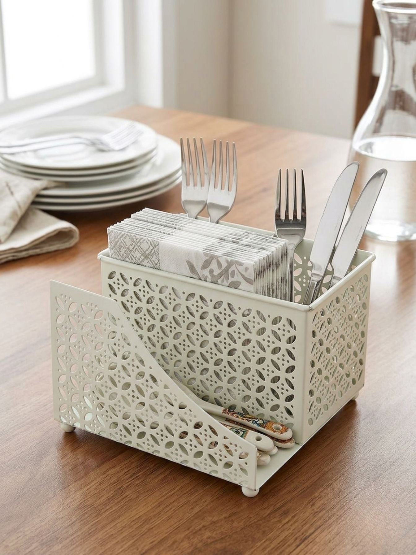 Premium 2-in-1 Cutlery & Napkin Holder | Elegant Cream Metal Organizer with Laser Cut Floral Design | Tabletop Storage for Spoons, Forks, Knives & Tissue | Kitchen & Dining Decor