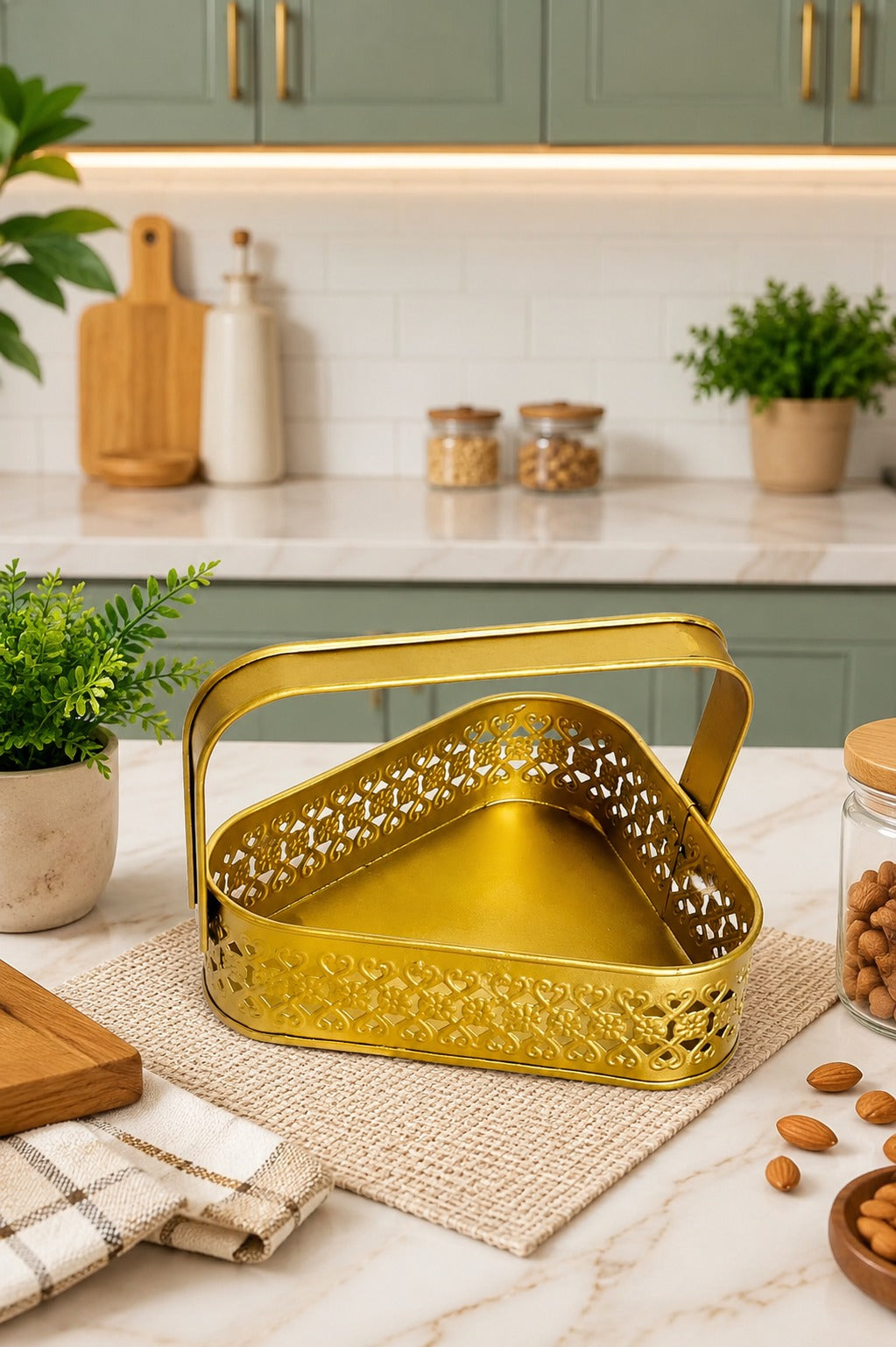 Premium Triangle Metal Basket with Handle (Small) | Decorative Gold Serving Basket | Gift Hamper Basket | Fruit & Dry Fruit Basket | Metal Organizer Tray for Home Décor