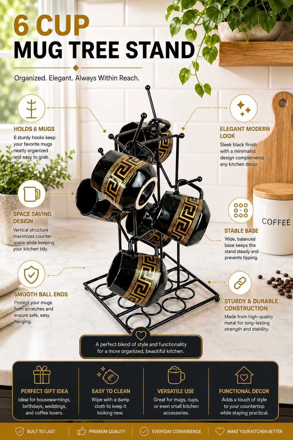 6 Cup Mug Tree Stand | Metal Coffee Mug Holder Stand for Kitchen Counter | Space Saving Mug Organizer Rack | Durable Cup Storage Stand for Home, Office & Café