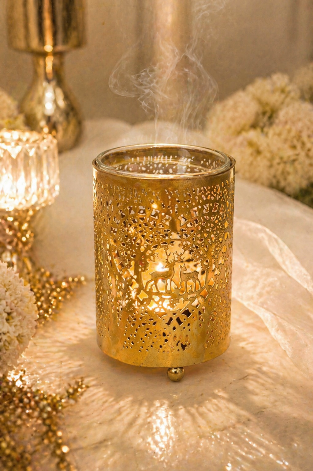 Premium Gold Metal Aroma Oil Burner Set with Tea Light Candles & Essential Oil | Designer Cutwork Candle Diffuser | Warm Ambient Fragrance Burner | Elegant Home Décor & Gifting Combo