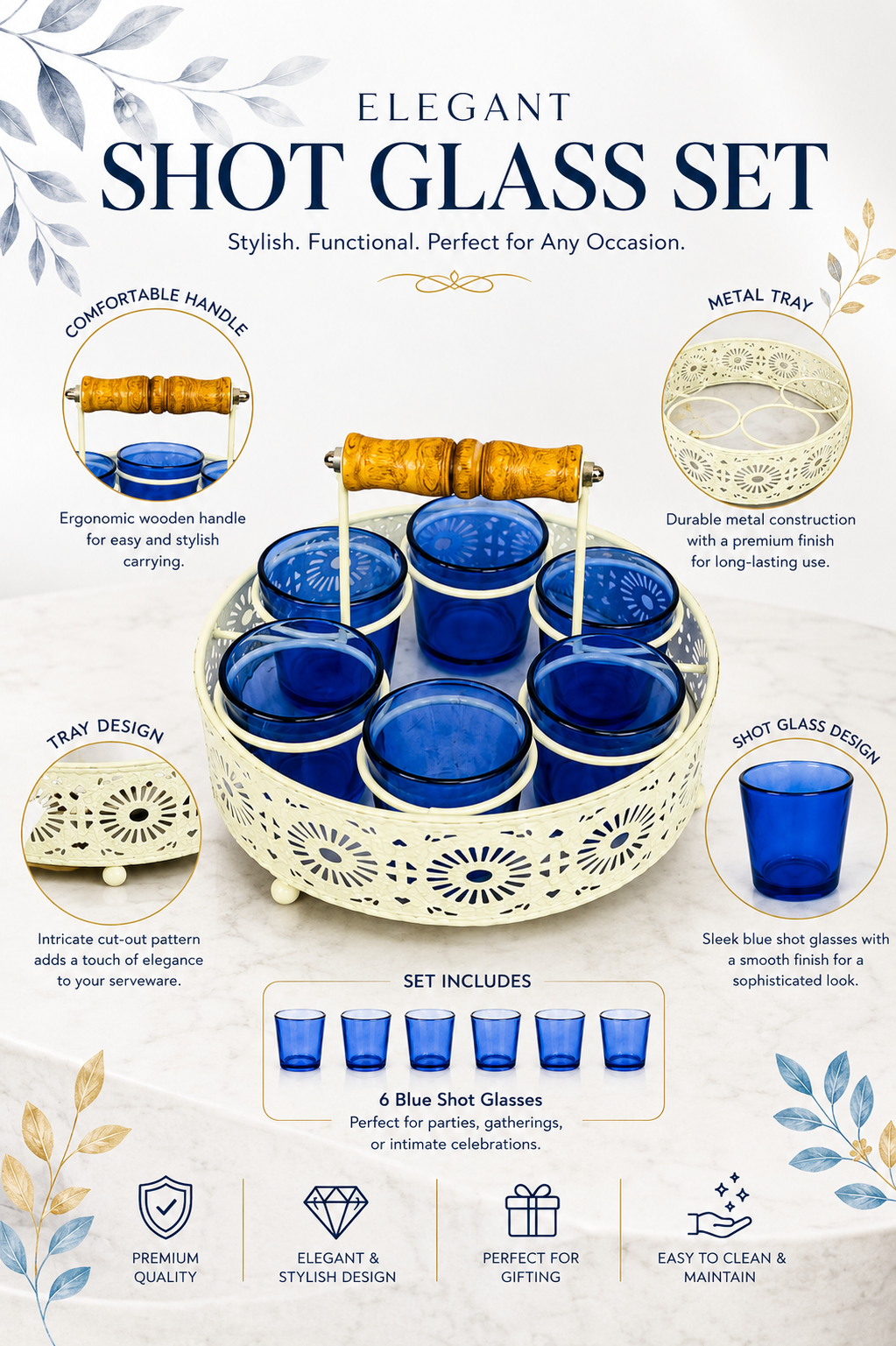 Shot Glasses Set of 6 with Holder | 40 ML Mini Whisky Vodka Shot Glasses with Metal Stand & Wooden Handle | Dhaba Style Serving Set for Home, Bar & Parties