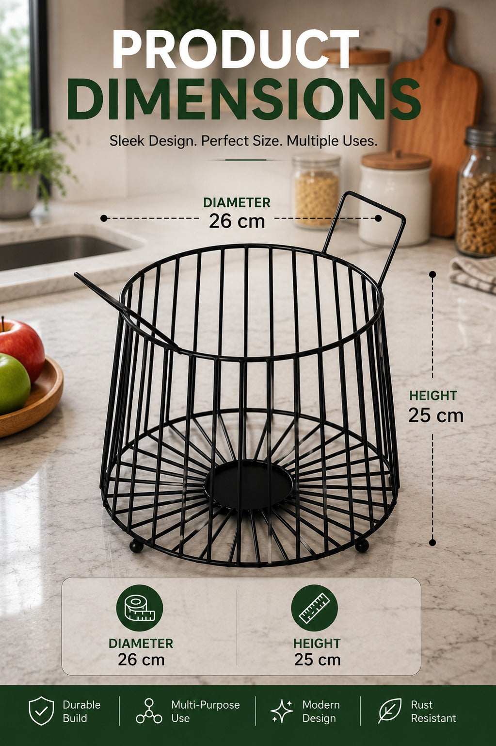 Modern Metal Fruit Basket | Round Wire Storage Basket with Handles | Decorative Kitchen & Dining Table Organizer