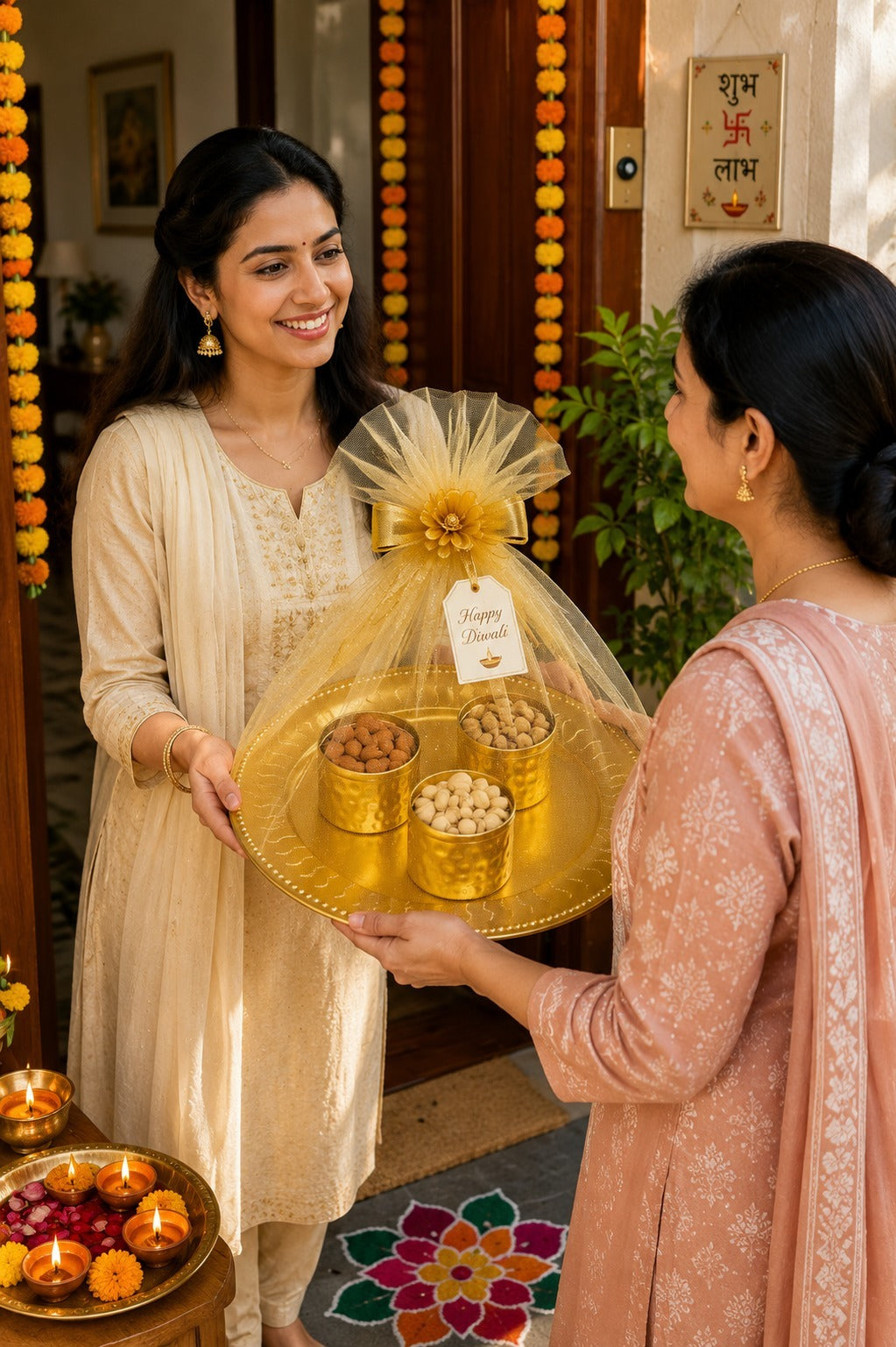 Premium All Metal Serving Tray Set with 3 Floral Containers | Decorative Dry Fruit, Sweet & Mukhwas Platter | Luxury Gold Pooja, Festive Gift Hamper & Home Décor Serving Set