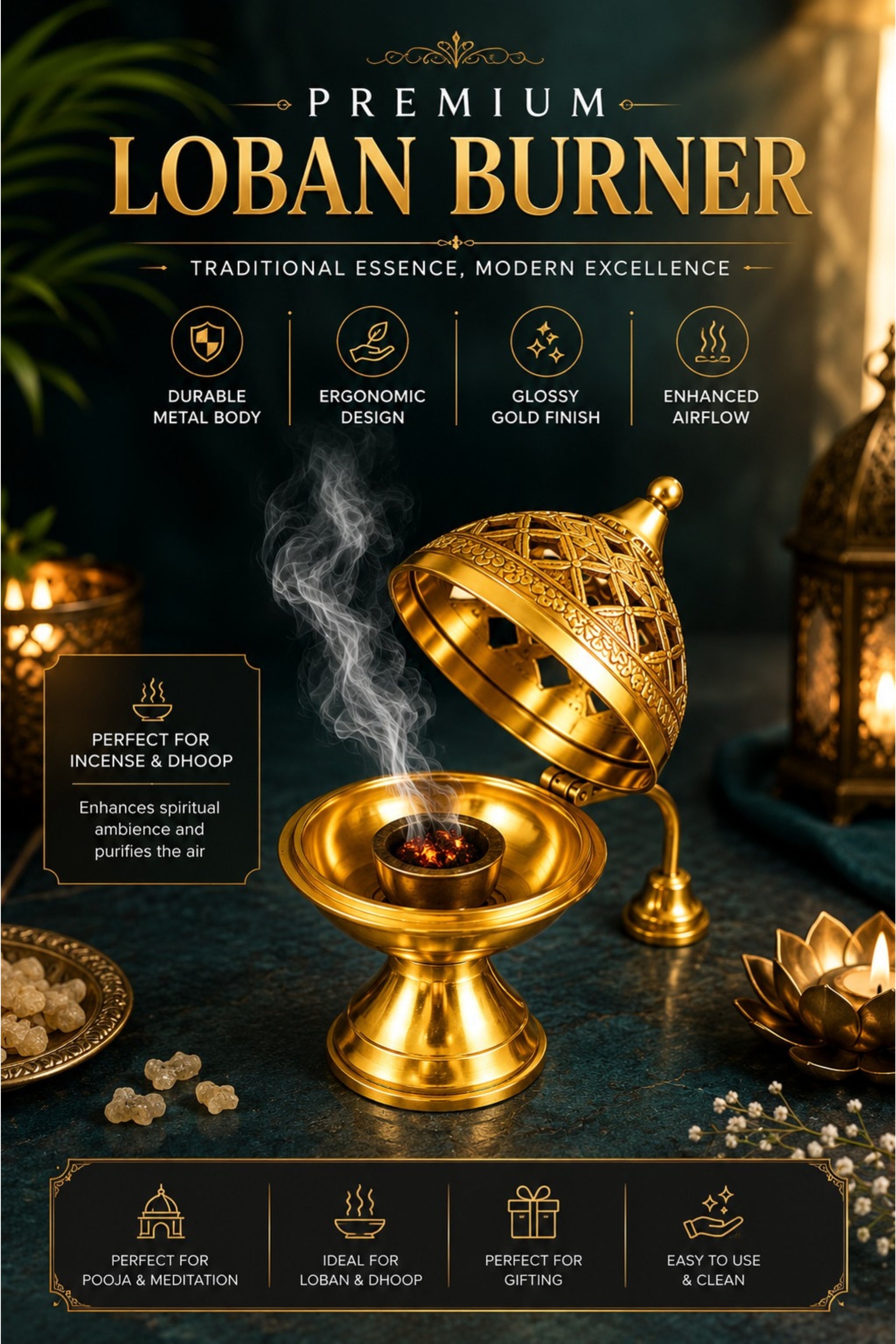 Premium Brass Loban Burner with Handle | Handcrafted Brass Dhoop Dani for Loban, Sambrani Cups, Bakhoor, Resin Incense & Dhoop | Hinged Lid Pooja Incense Burner for Home Temple, Meditation & Gifting
