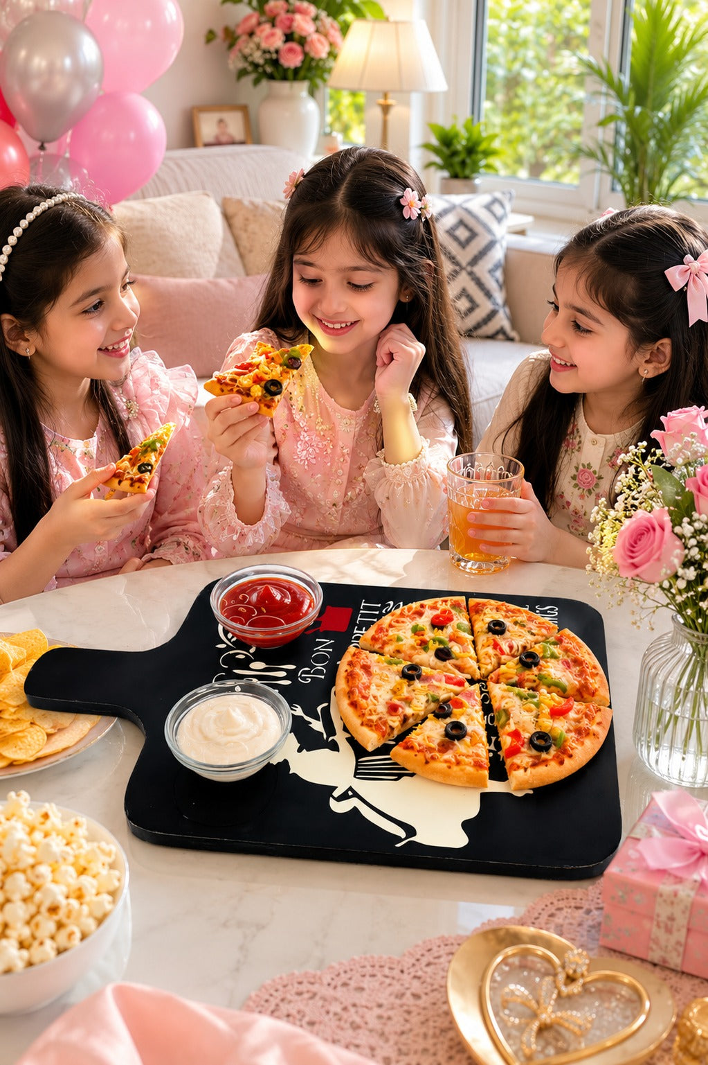 Premium MDF Serving Platter with Handle | Wooden Snack & Pizza Serving Board | Serving Tray with 2 Glass Dip Bowls | Cheese, Burger, Fries & Appetizer Platter | 44 x 25 cm