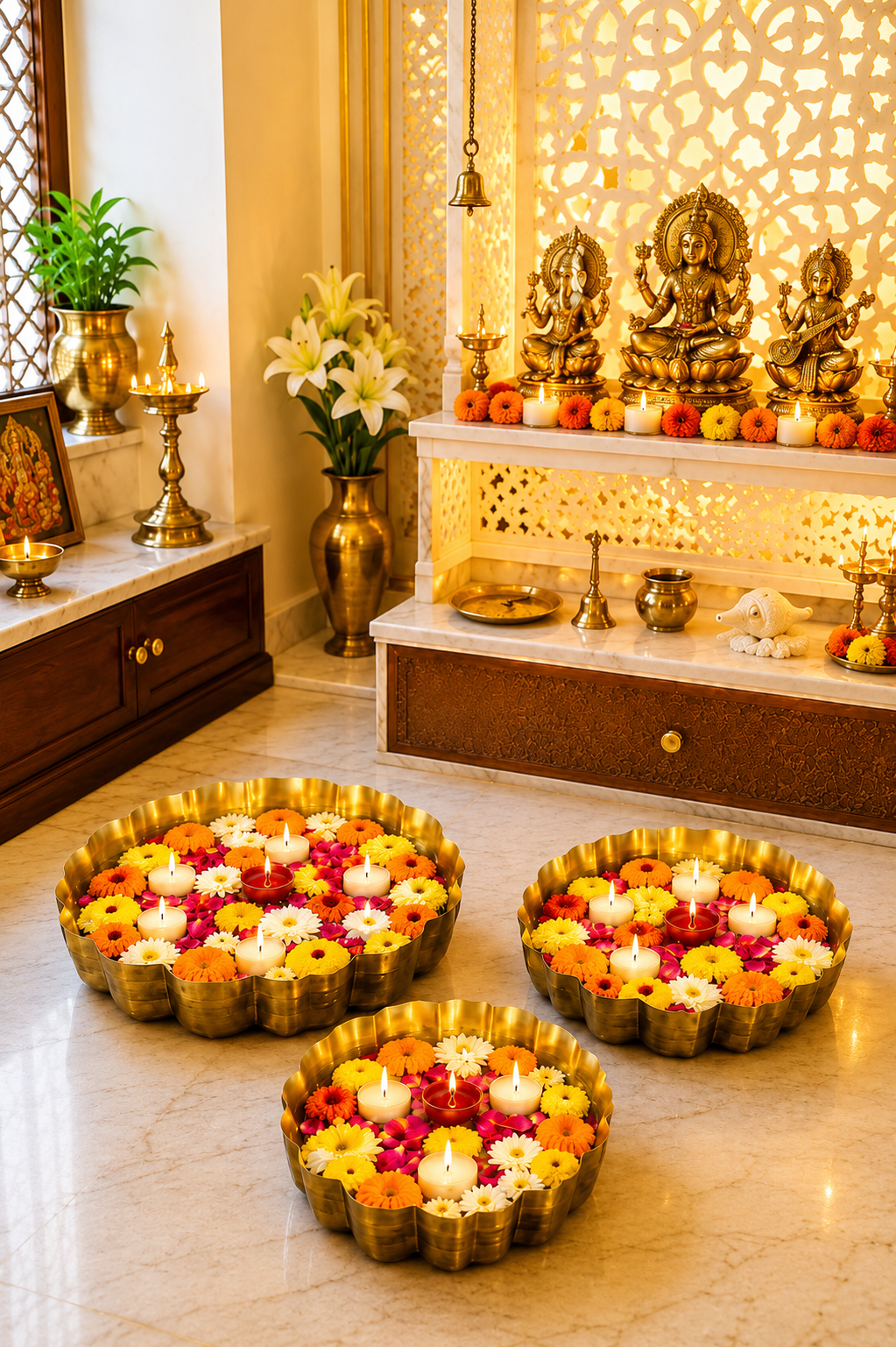 Premium Decorative Urli Bowl Set of 3 | Embossed Hammered Metal Floating Flower Bowls | Antique Gold Finish for Diyas, Candles, Pooja, Diwali, Weddings, Festivals & Home Décor