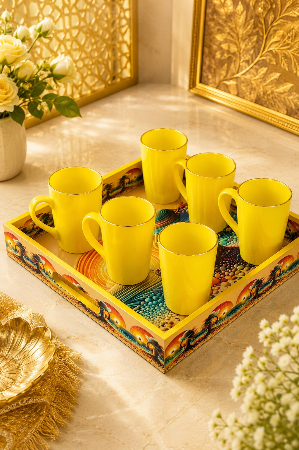 Premium 6 Yellow Glass Mug Set with Designer Serving Tray | Tea & Coffee Mug Set | Decorative Drinkware Set for Home, Office & Gifting