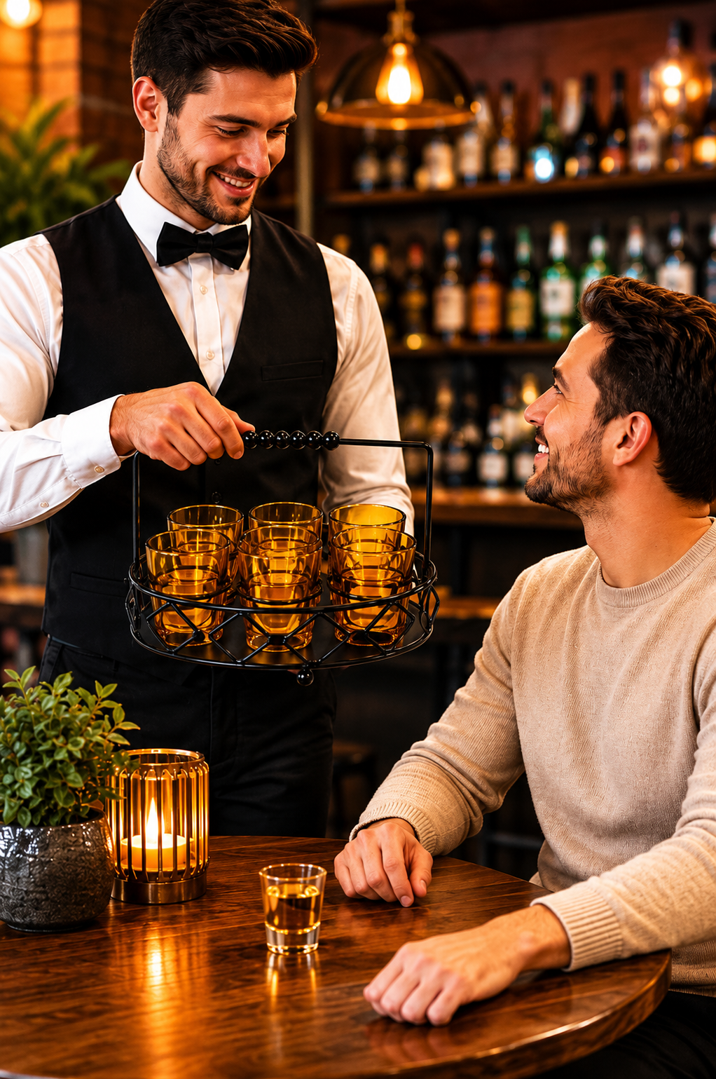 Premium Shot Glass Set of 6 with Metal Stand | 40ml Mini Whisky Vodka Tequila Glasses with Wooden Handle Carrier | Dhaba Style Serving Set for Home Bar & Parties