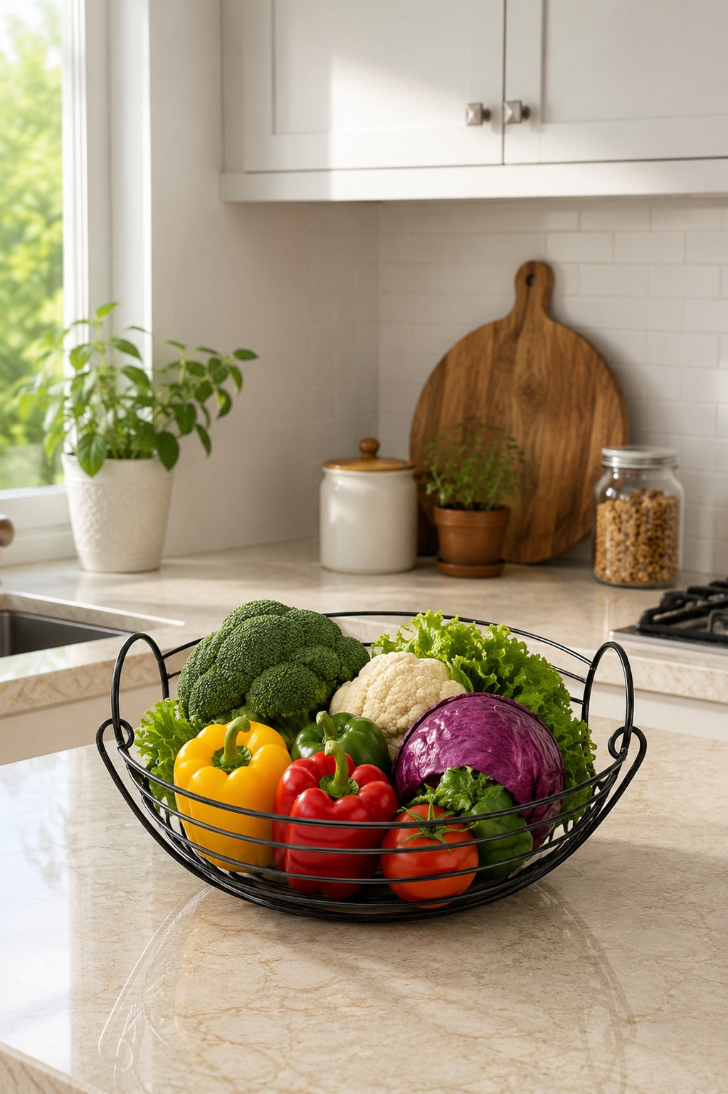Modern Metal Fruit & Vegetable Basket | Large Round Wire Storage Basket with Handle | Kitchen & Dining Organizer