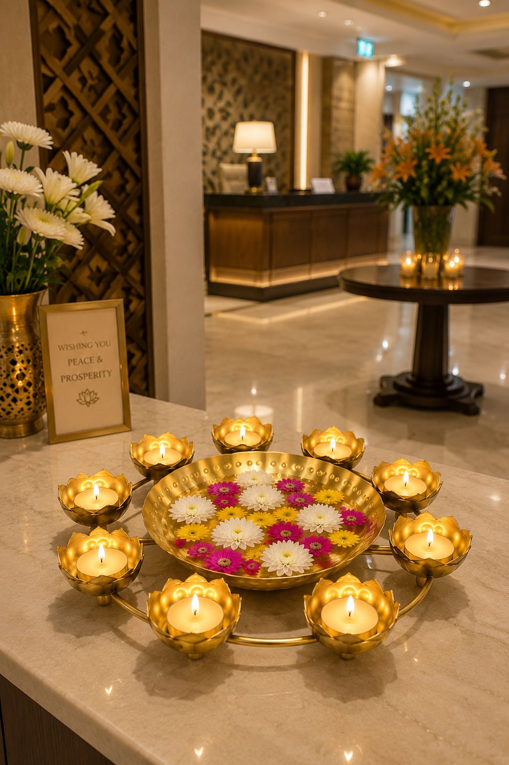 Premium Lotus Urli Bowl with 8 Tea Light Holders | Hammered Metal Decorative Floating Flower Bowl | Gold Finish Centerpiece for Diwali, Pooja, Weddings, Festivals, Home Décor & Gifting