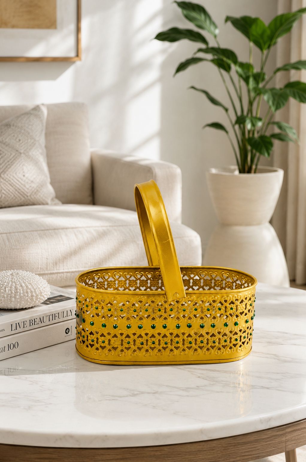 Premium Decorative Metal Gift Basket with Handle | Gold Finish Storage Basket | Dry Fruit, Gift Hamper, Fruit Basket, Home Decor & Multipurpose Organizer | 25 x 11.5 x 10 cm