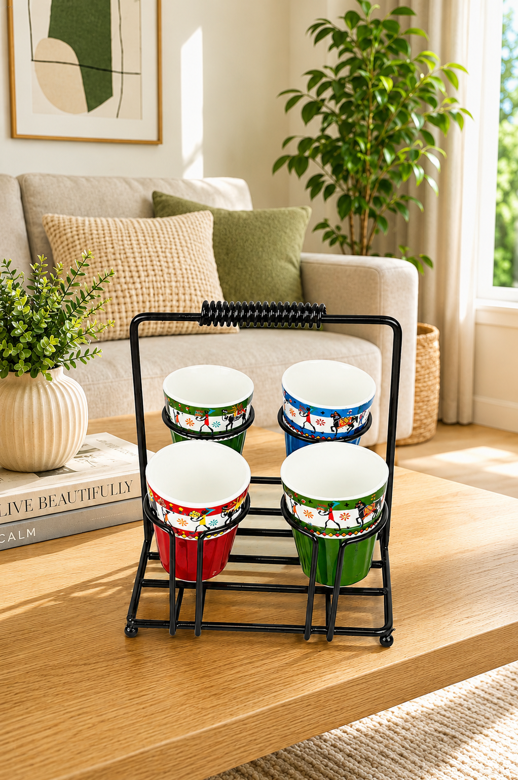 Printed Tea Glass Set Of 4 With Metal Stand | Designer Cutting Chai Cups With Iron Holder | Multicolor Ceramic Tea Cup Set For Home Kitchen & Gifting