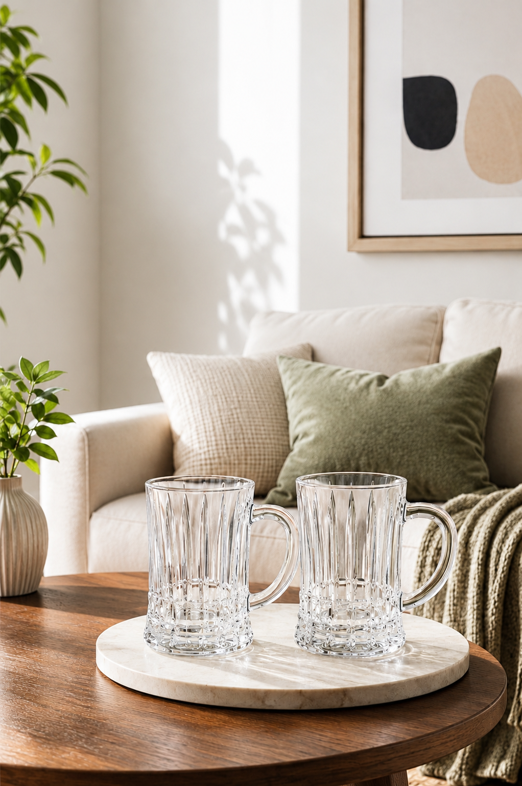 Premium Beer Mug Set with Decorative MDF Serving Tray | 2 Crystal Clear Glass Beer Mugs with Marble Finish Tray | Heavy Handle Beer Glasses for Beer, Juice, Soft Drinks & Home Bar Gift Set