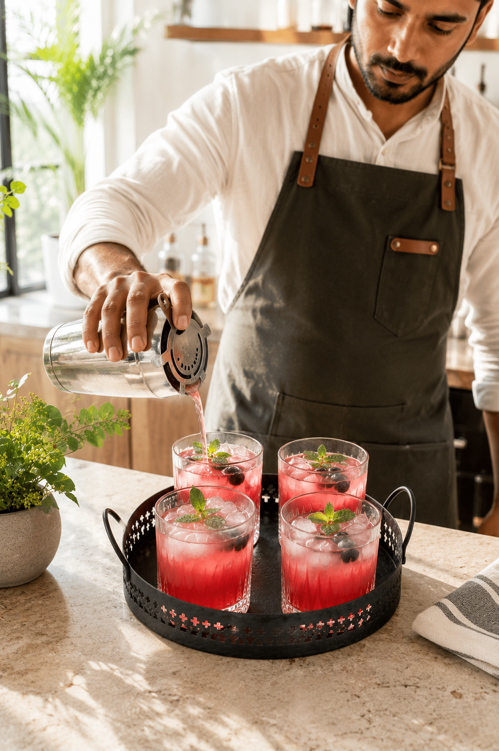 Premium Metal Serving Tray with 4 Crystal Glasses | Round Beverage Serving Set with Decorative Cutout Design & Side Handles | Tea, Juice, Water & Cocktail Glass Set for Home, Dining & Gifting