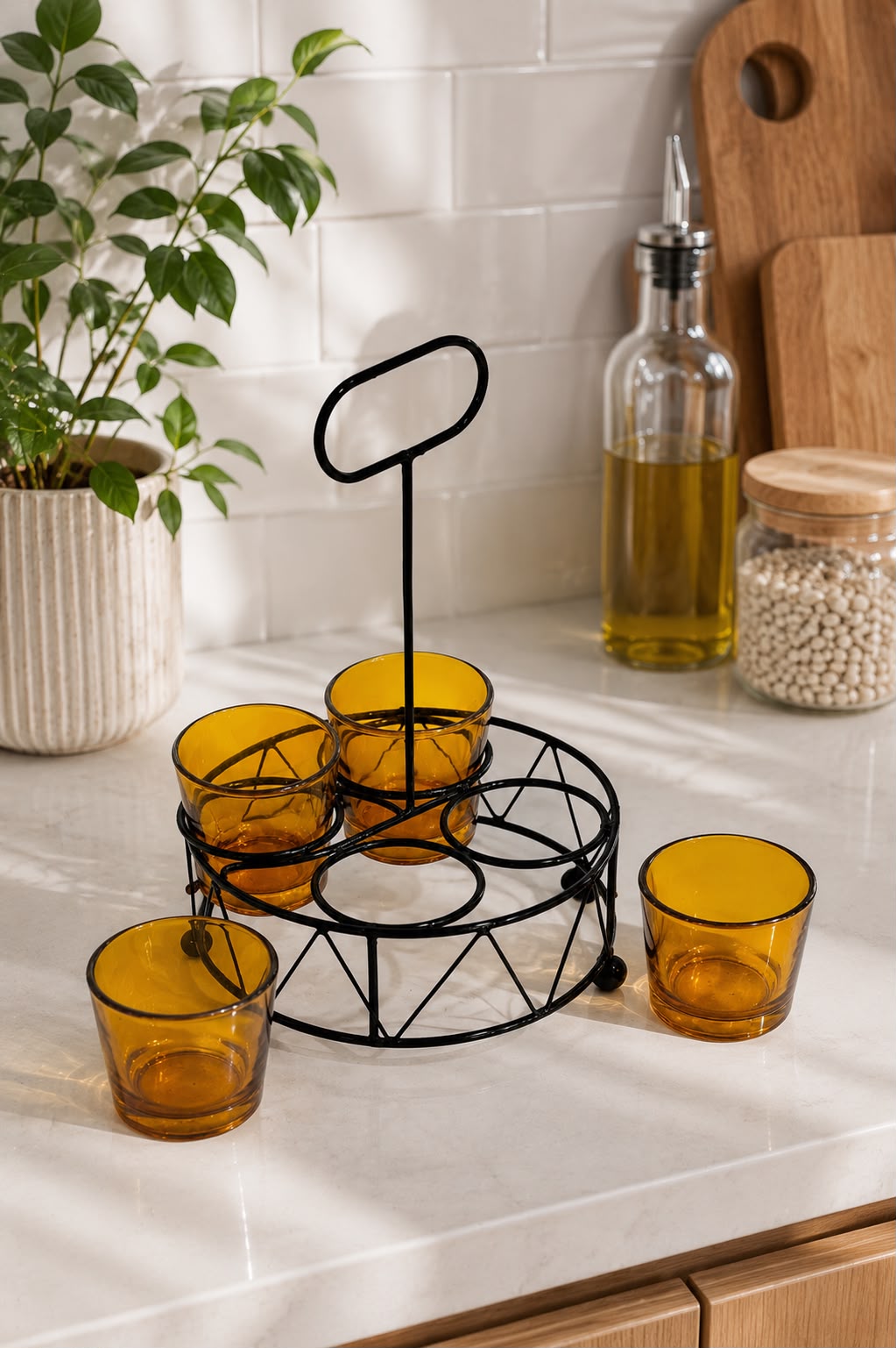 Shot Glass Set Of 4 With Metal Stand | Amber Glass Mini Shot Cups With Round Iron Holder | Dhaba Style Serving Set For Vodka Tequila Whiskey