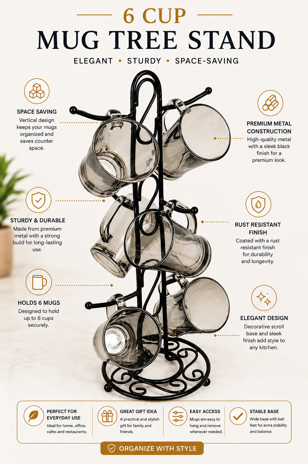 Premium Smokey Glass Mug Set Of 6 With Metal Stand | Transparent Borosilicate Coffee & Tea Cups With Holder | Space Saving Mug Stand For Kitchen & Home