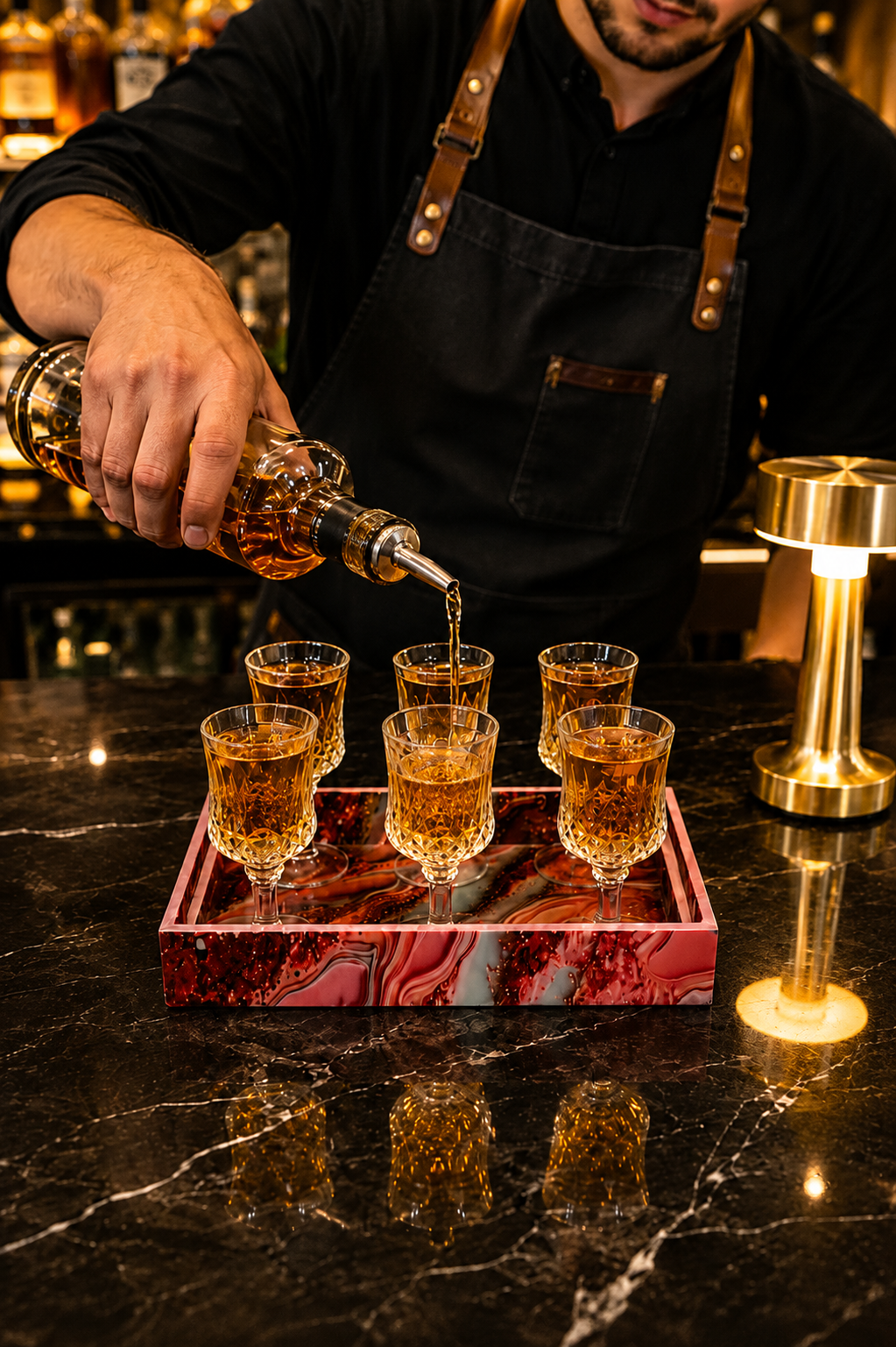 Premium Shot Glass Set Of 6 With MDF Resin Tray | Clear Designer Liqueur Glasses For Vodka, Whiskey, Tequila & Cocktails | Barware Set For Home & Parties