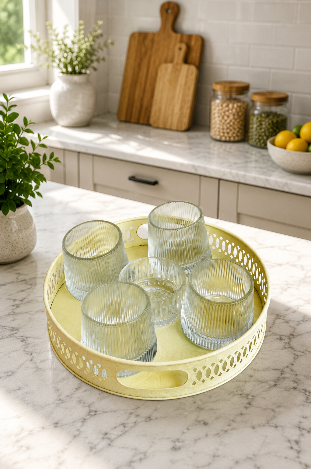 Premium Dancing Glass Serving Set with Round Metal Tray | 4 Self-Balancing Rocking Glasses & 1 Crystal Snack Bowl | Decorative Beverage Serving Set for Tea, Juice, Whisky, Cocktails & Home Décor