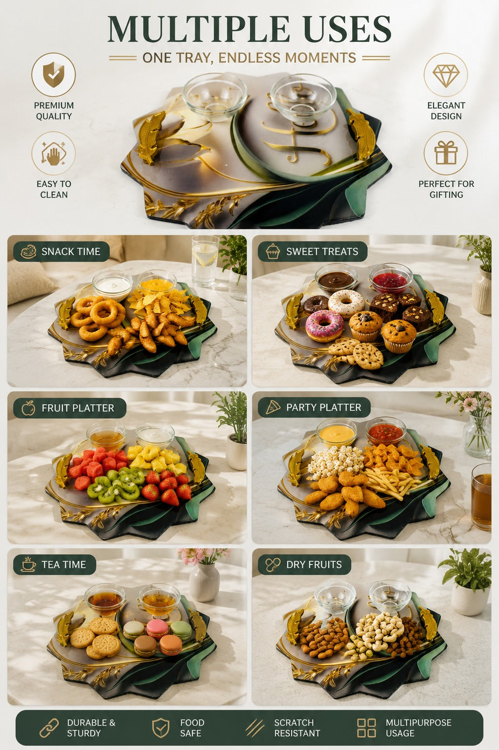 Premium Multipurpose Serving Tray with 2 Glass Bowls & Gold Handles | Decorative MDF Snack Serving Platter | Printed Serving Board for Snacks, Dry Fruits, Desserts & Tea Time