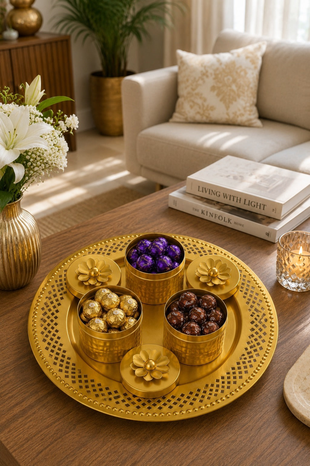 Premium Metal Dry Fruit Serving Tray Set with 3 Containers | Decorative Round Platter with Floral Lid Jars | Multipurpose Snack, Sweet, Mukhwas & Festive Serving Set for Home & Gifting