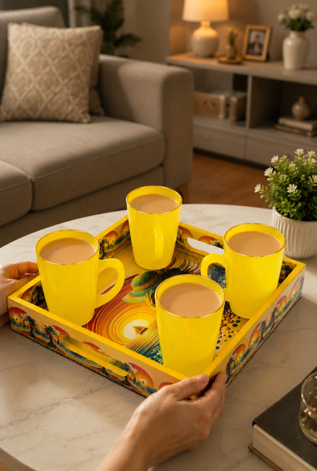 Set of 4 Yellow Glass Coffee Mugs with Designer Serving Tray | Premium Tea Coffee Cup Set | Decorative Serving Set for Home Kitchen & Gifting