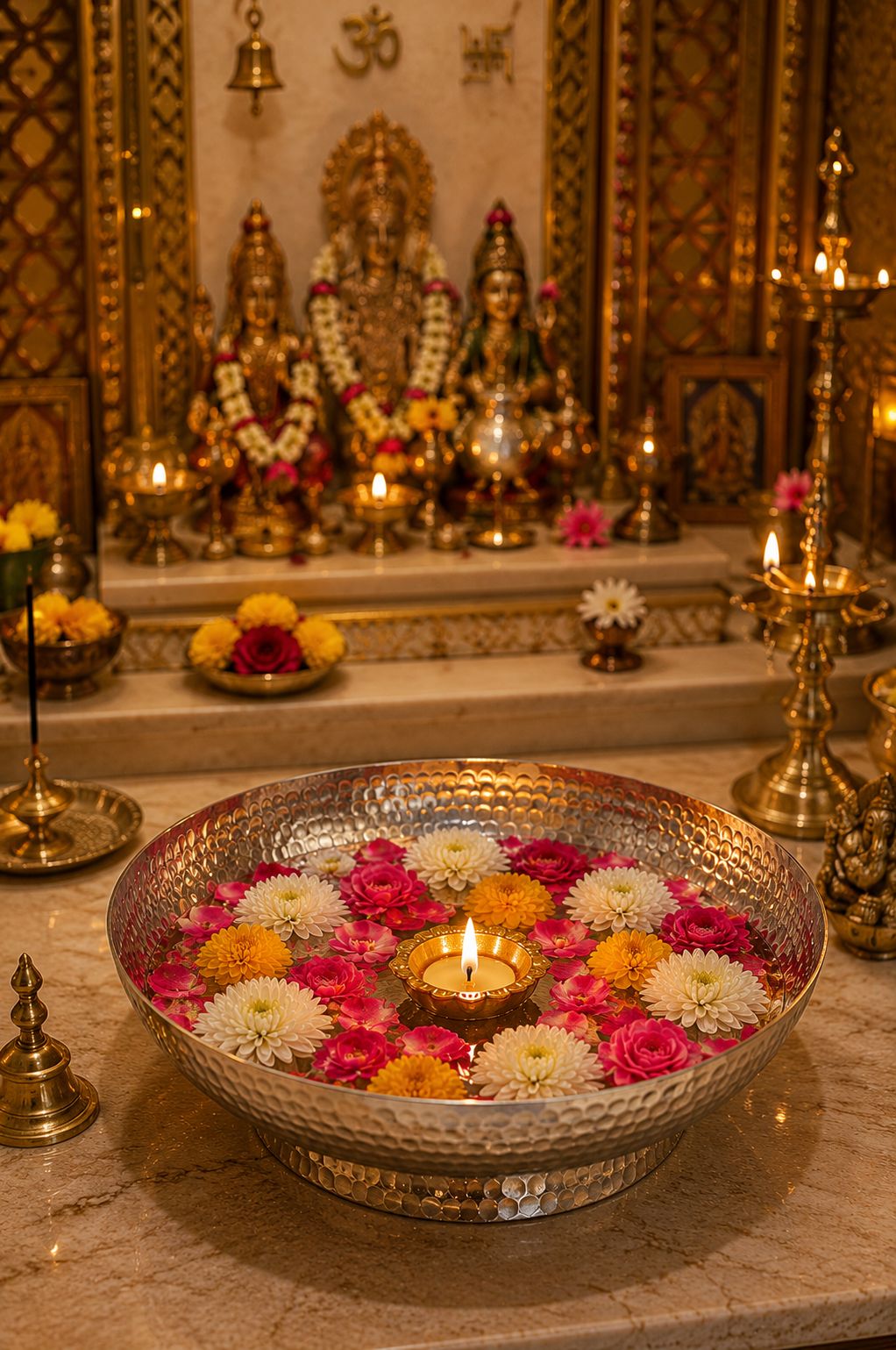 Premium Hammered Silver Urli Bowl | Decorative Metal Floating Flower Bowl for Water, Candles, Tea Lights & Diyas | Handcrafted Festival, Pooja, Wedding & Home Décor Centerpiece