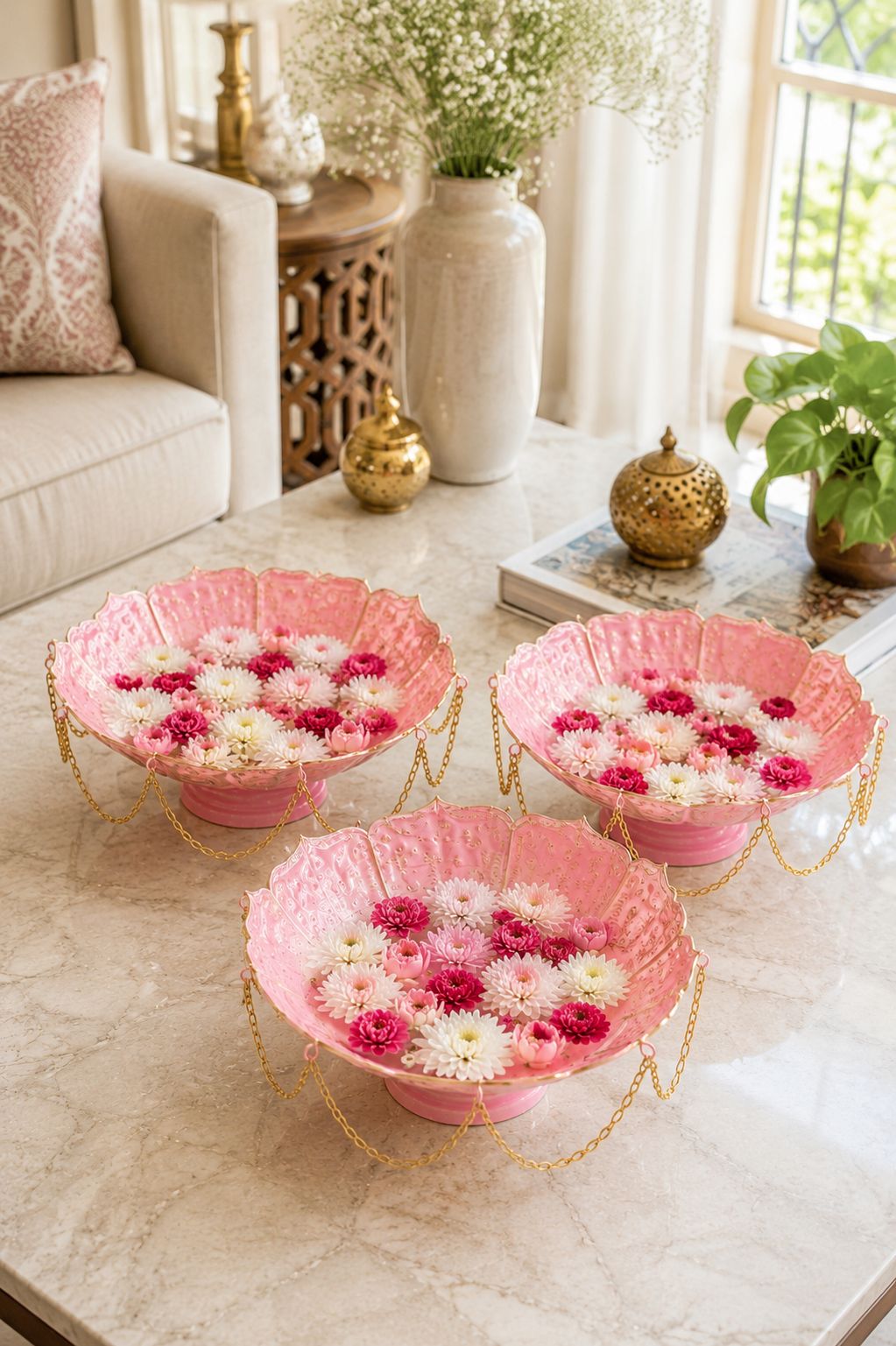 Premium Pink Lotus Urli Bowl Set of 3 with Decorative Chain | Handcrafted Metal Floating Flower Bowls for Water, Candles & Tea Lights | Decorative Urli for Diwali, Wedding, Pooja & Home Décor