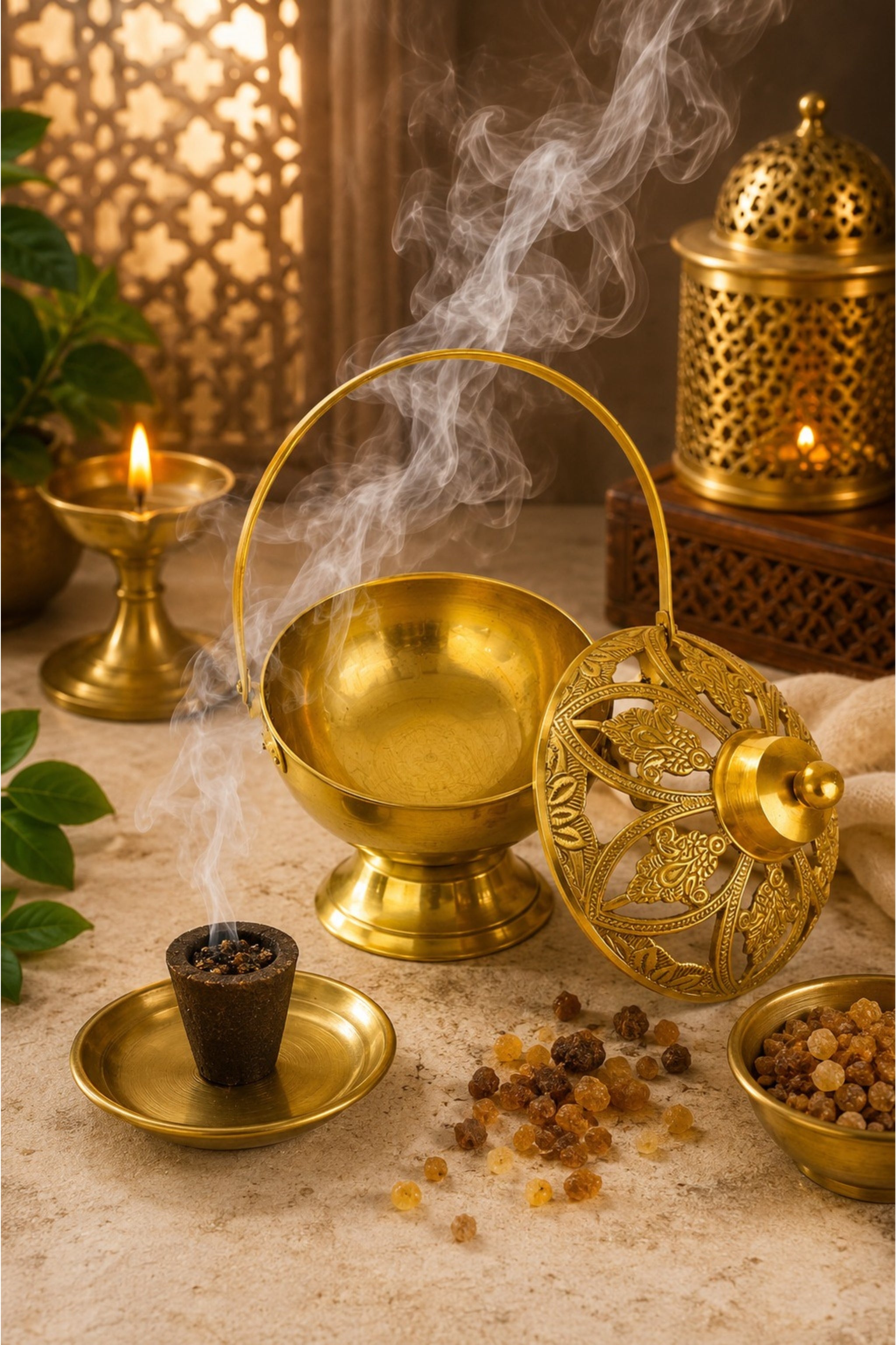 Premium Brass Metal Incense Burner with Handle | Handcrafted Dhoop Dani for Sambrani, Loban, Dhoop Cups & Resin Incense | Decorative Smoke Diffuser for Home, Temple & Pooja Room