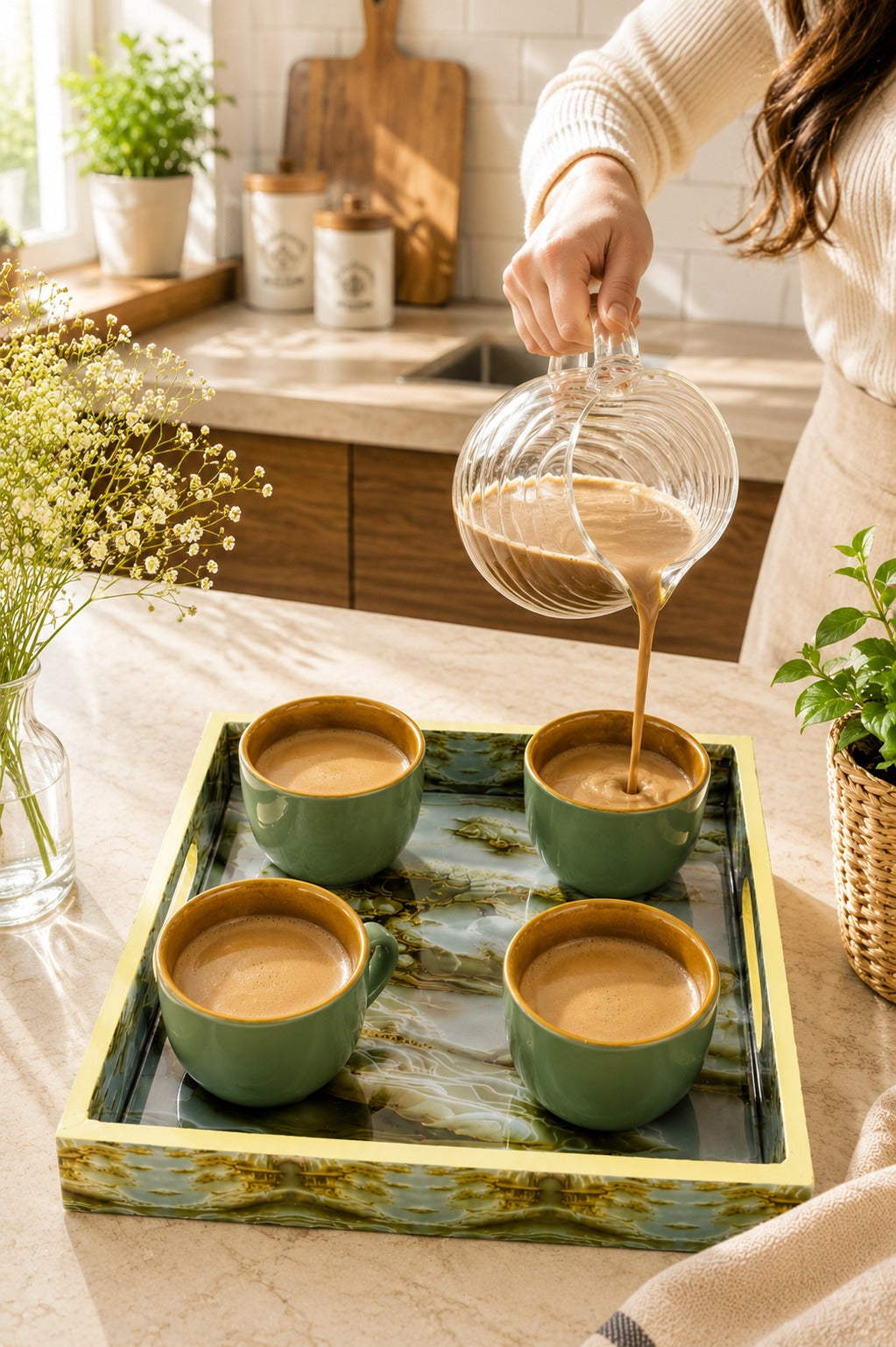 Set of 4 Ceramic Tea & Coffee Cups with Designer Serving Tray | Sage Green Coffee Mug Set | Premium Ceramic Cups for Home Kitchen & Gifting