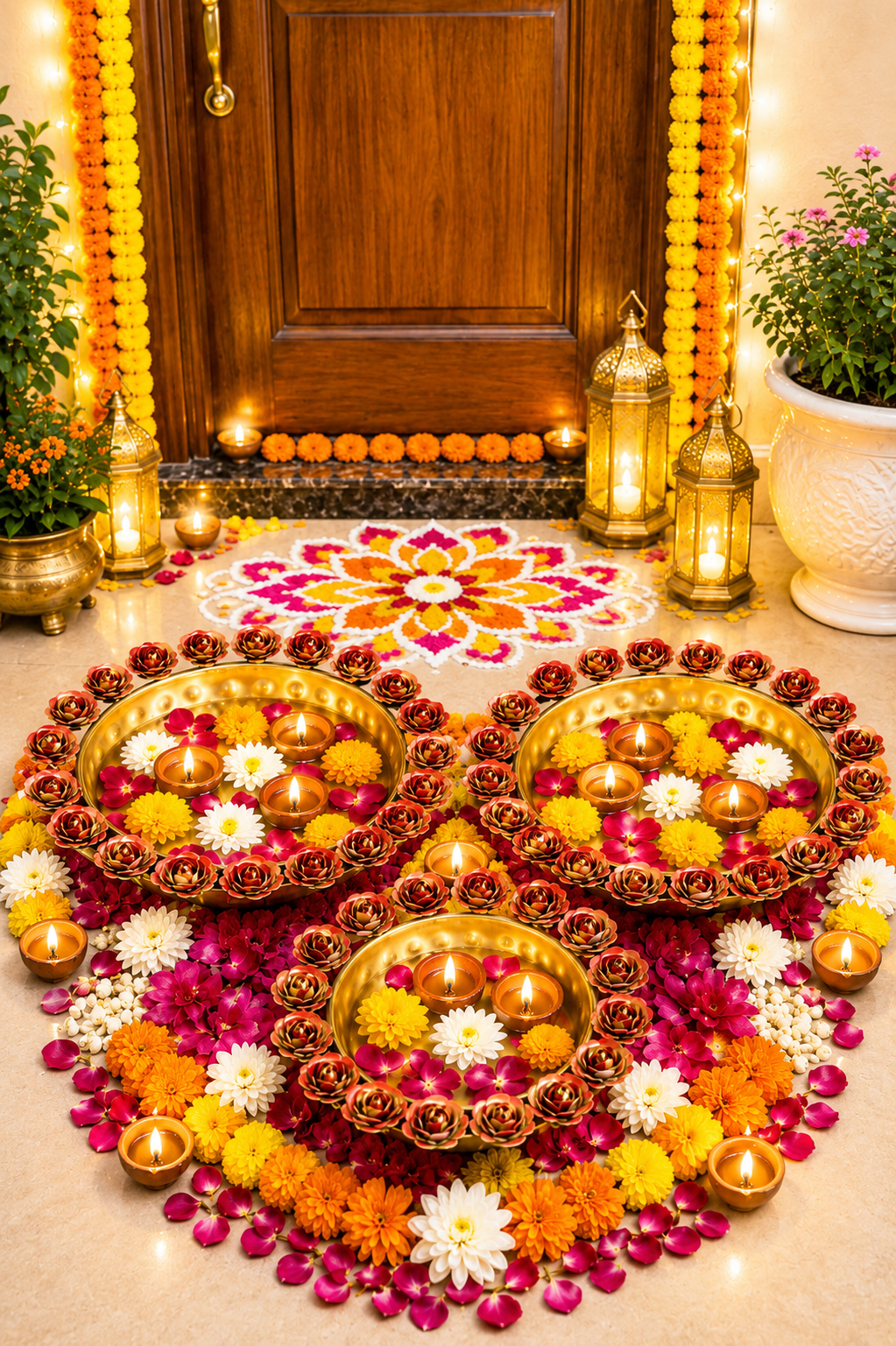 Premium Decorative Urli Bowl Set of 3 with Rose Rim Design | Hammered Metal Floating Flower Bowls for Water, Candles & Tea Lights | Diwali, Pooja, Wedding, Festival & Home Décor Centerpiece